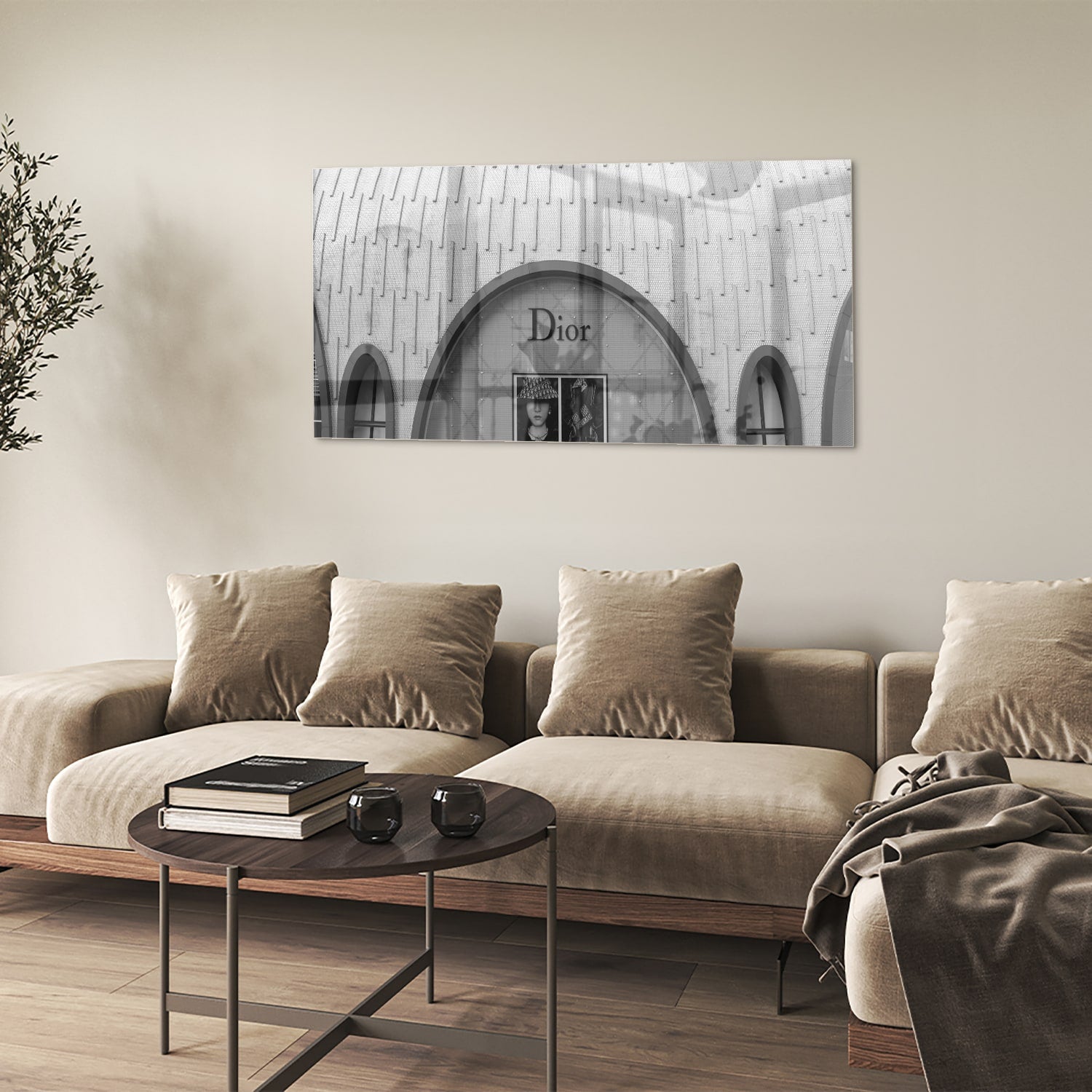 Elegantes Glasbild mit Dior-Schaufenster – Glasbild aus Sicherheitsglas, Größe 90x60