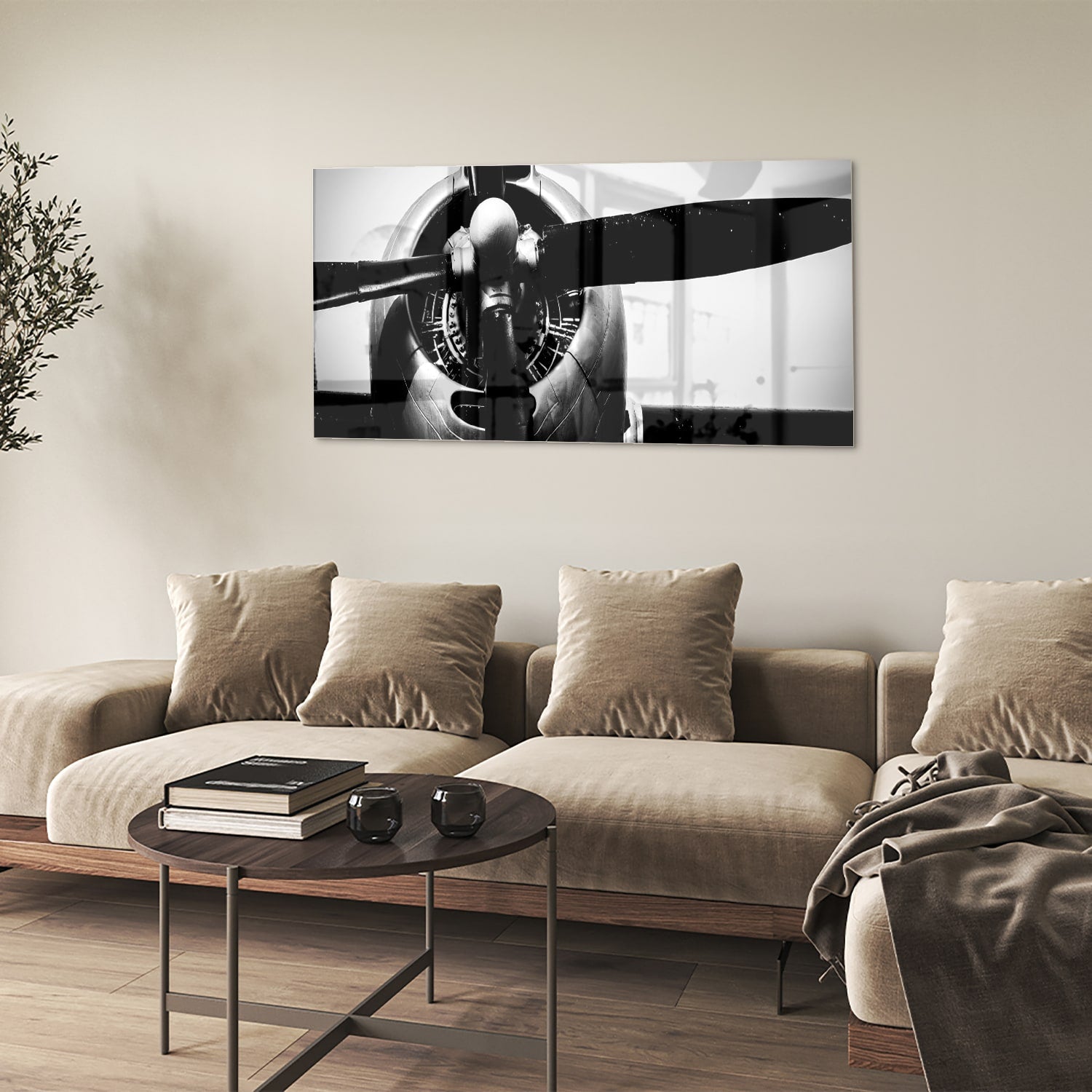 Schwarz-Weiß-Glasbild mit Vintage-Flugzeugpropeller – Glasbild aus Sicherheitsglas, Größe 90x60