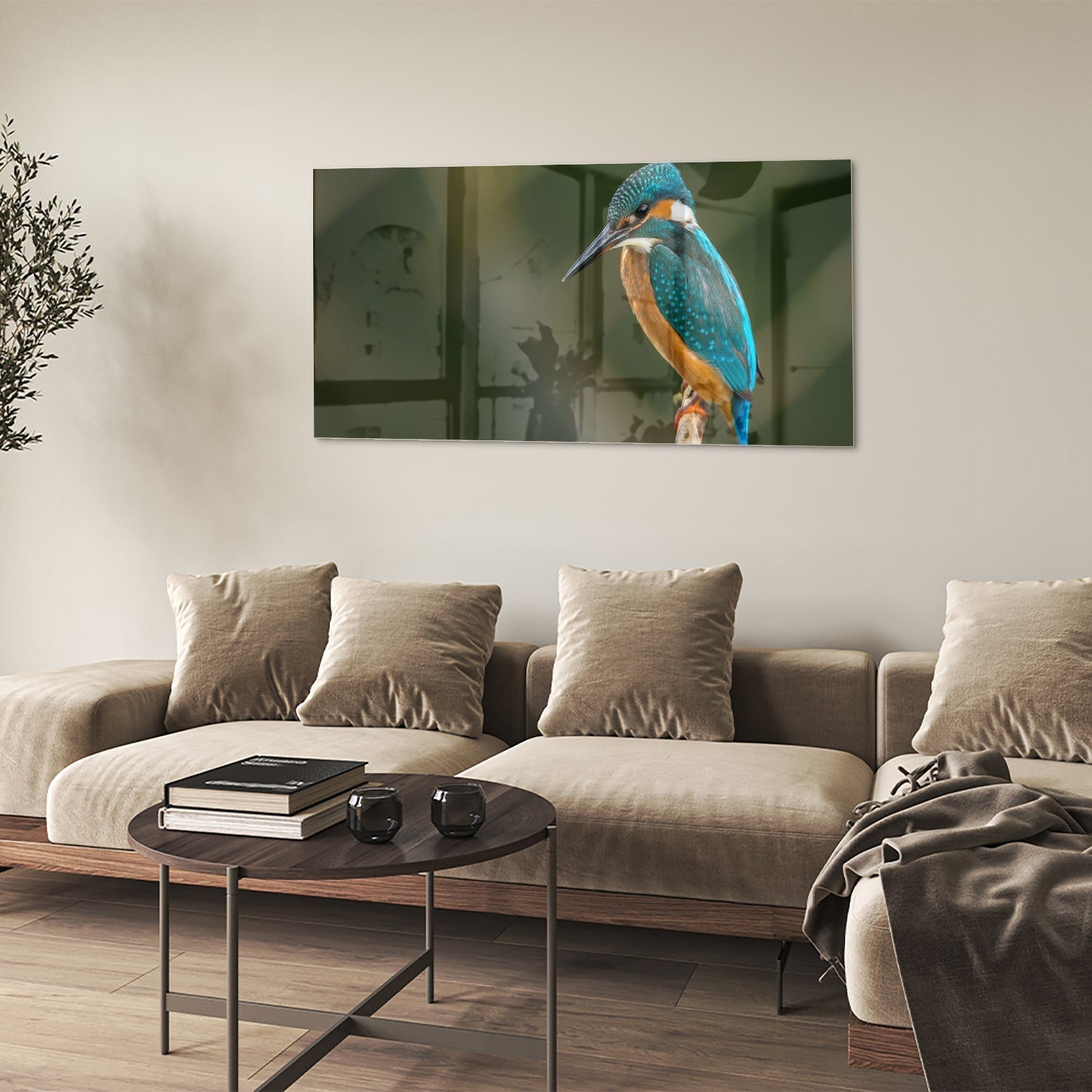 Elegantes Glasbild mit einem Eisvogel – Glasbild aus Sicherheitsglas, Größe 90x60