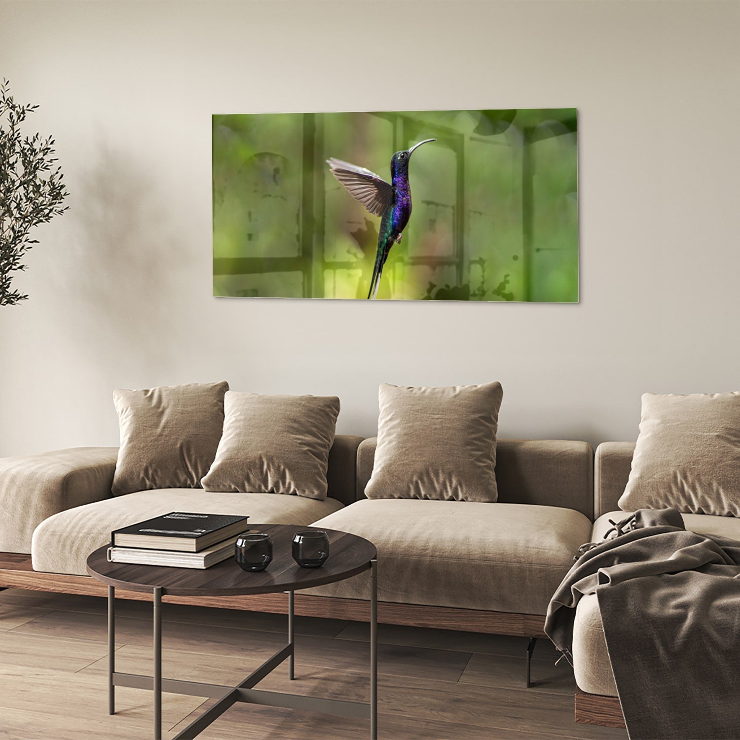 Glasbild mit fliegendem Kolibri inmitten grüner Ruhe – Glasbild aus Sicherheitsglas, Größe 90x60