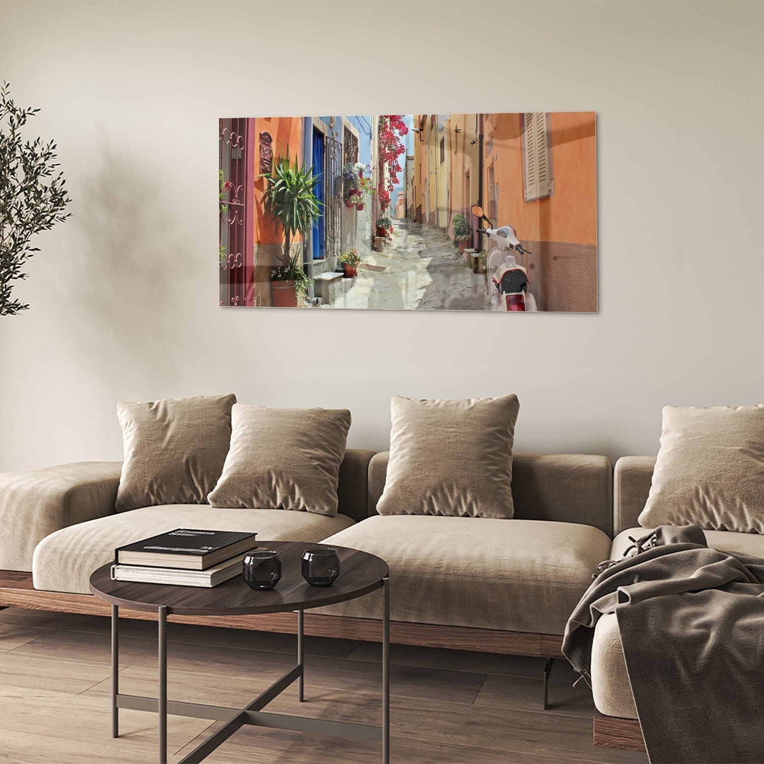 Buntes Glasbild mit Vespa auf einer Straße – Glasbild aus Sicherheitsglas, Größe 90x60