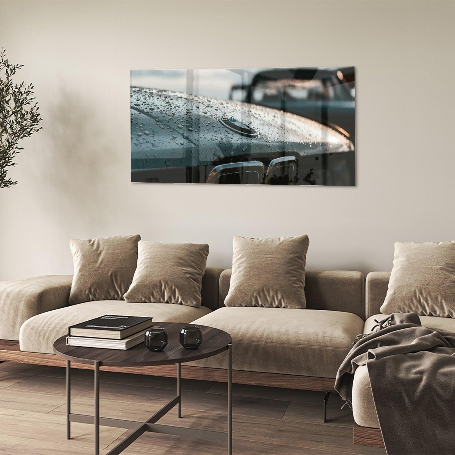 Glasbild mit nasser Autoscheibe – Stilvolles Interieur – Glasbild aus Sicherheitsglas, Größe 90x60