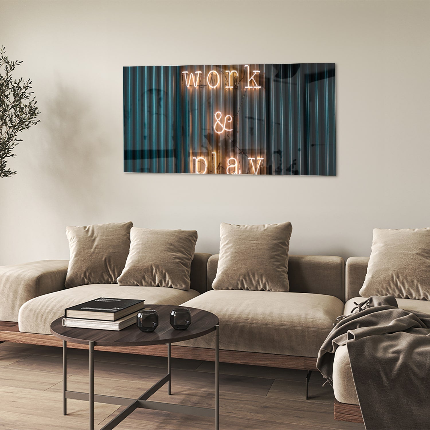 Glasbild mit 'Work & Play' Beleuchtung – Glasbild aus Sicherheitsglas, Größe 90x60