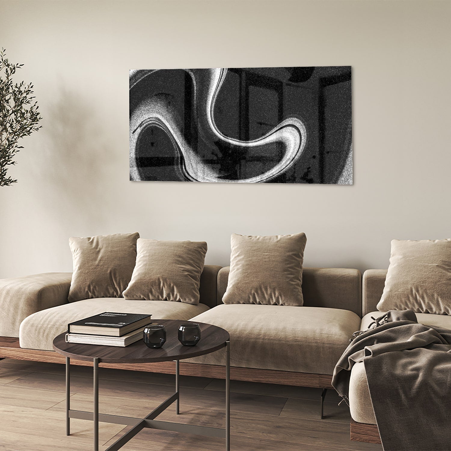Schwarz-Weiß-Glasbild mit wellenförmigen Linien – Glasbild aus Sicherheitsglas, Größe 90x60