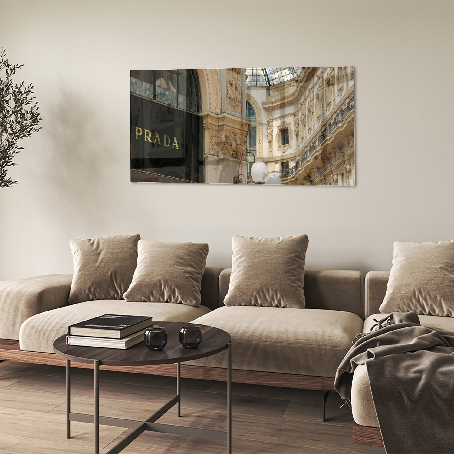 Elegantes Glasbild mit Luxus-Boutique – Glasbild aus Sicherheitsglas, Größe 90x60