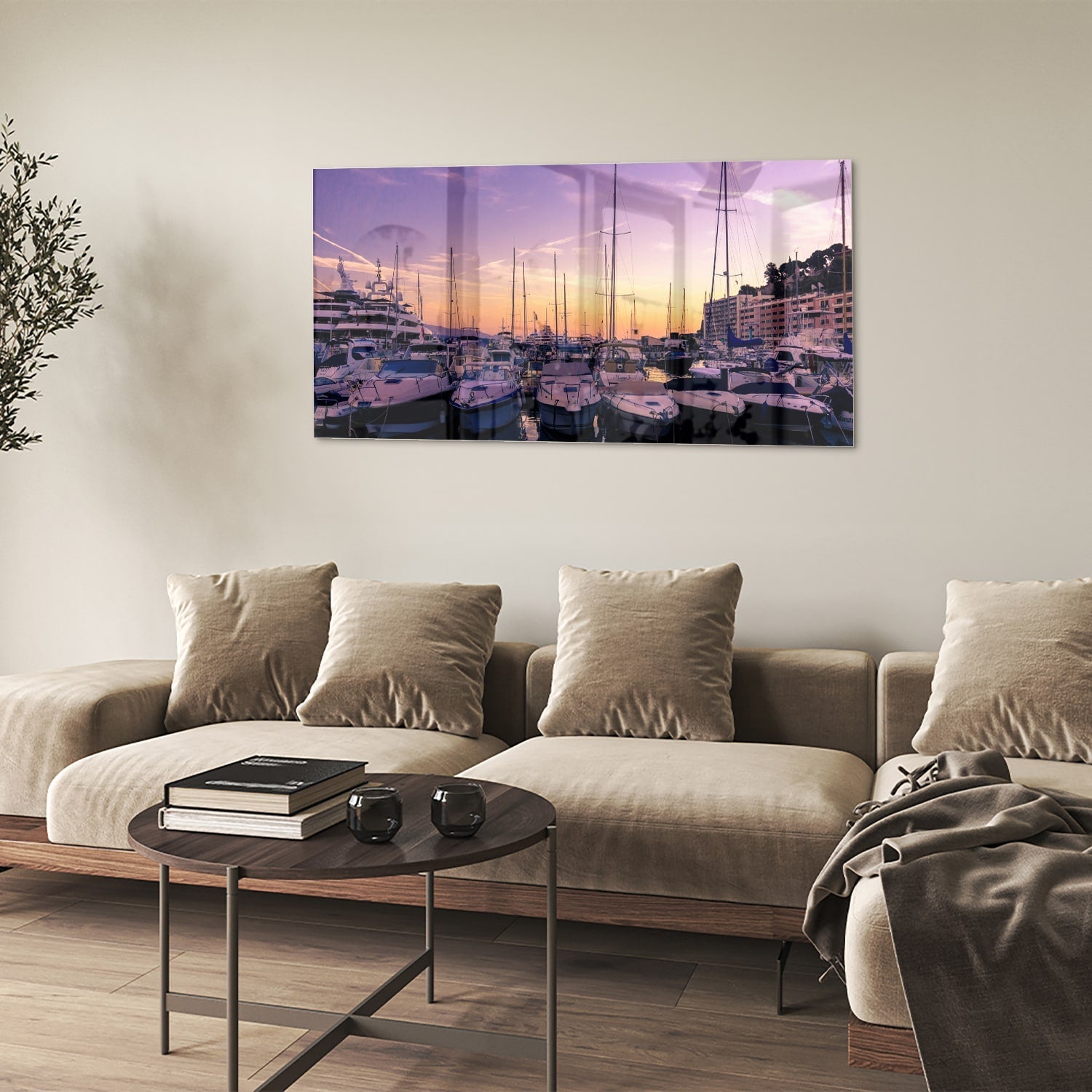 Glasbild mit Sonnenuntergang am Hafen – Glasbild aus Sicherheitsglas, Größe 90x60