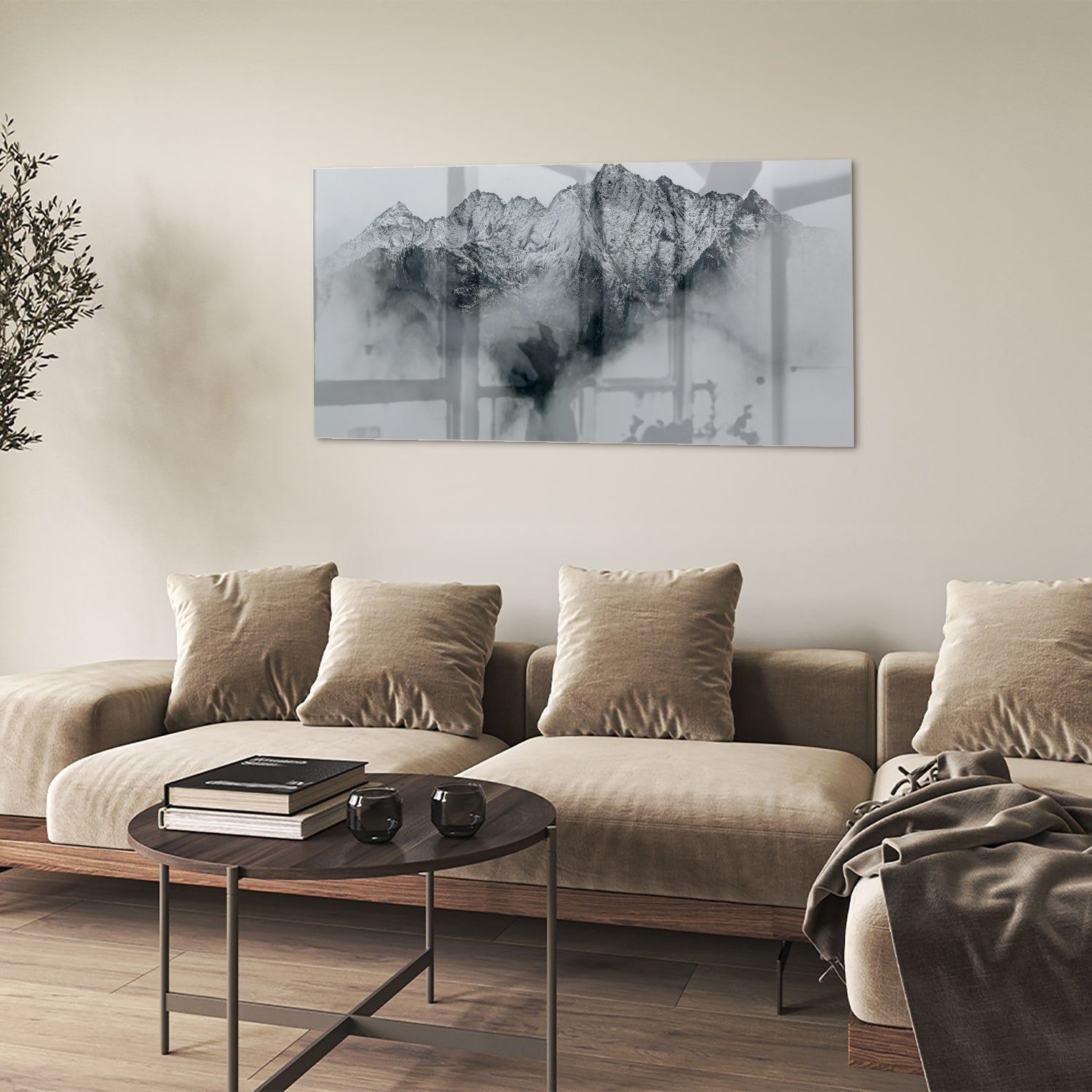 Elegantes Glasbild mit Bergen in Schwarz-Weiß – Glasbild aus Sicherheitsglas, Größe 90x60