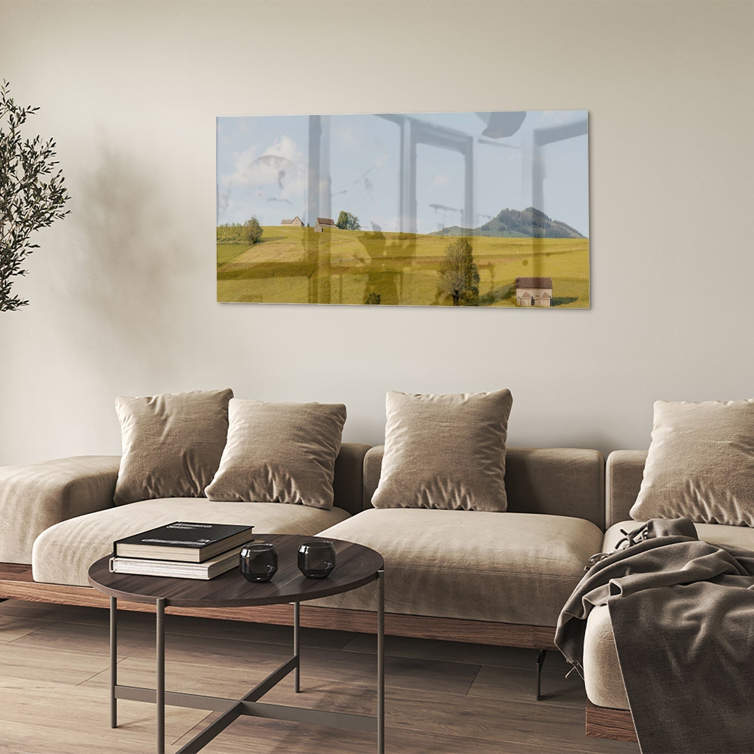 Glasbild mit grünen Hügeln in der Landschaft – Glasbild aus Sicherheitsglas, Größe 90x60