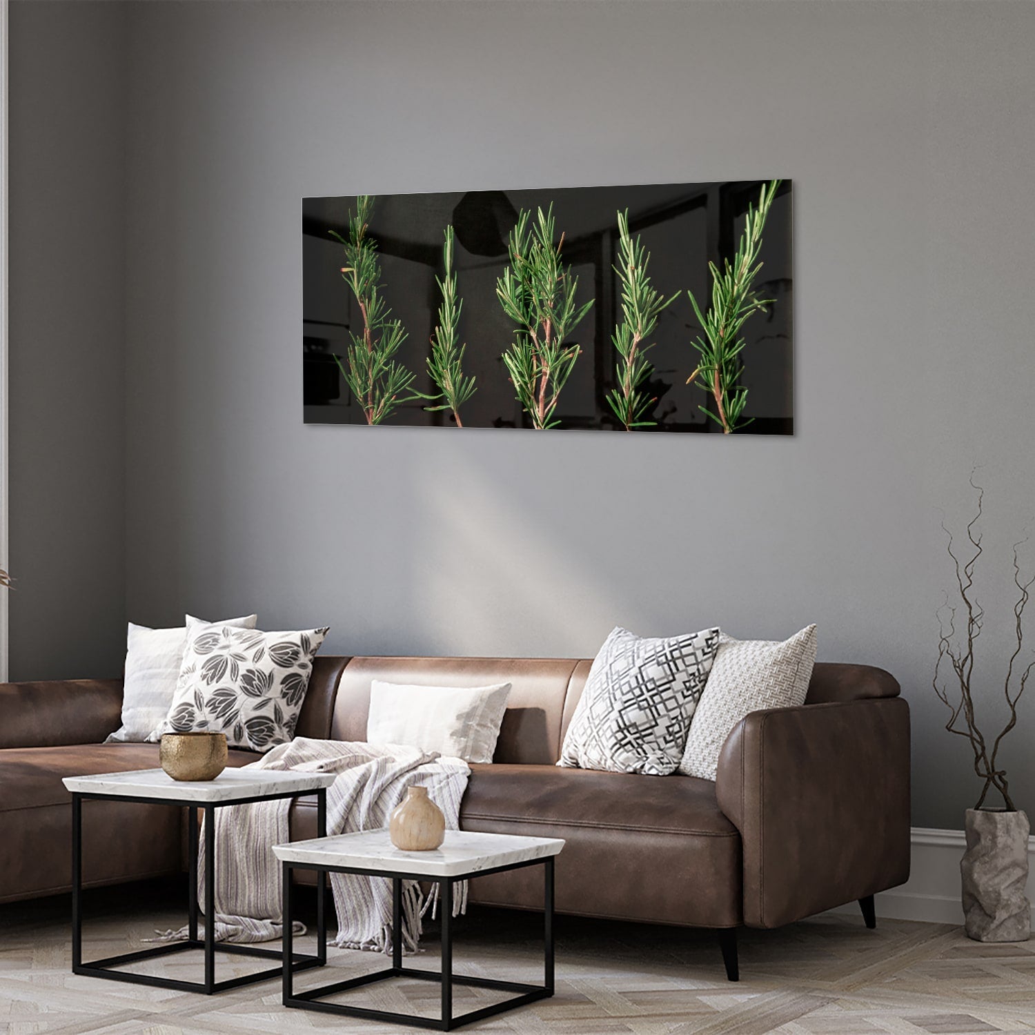 Modernes Glasbild mit grünen Ästen – Glasbild aus Sicherheitsglas, Größe 40x40_rond