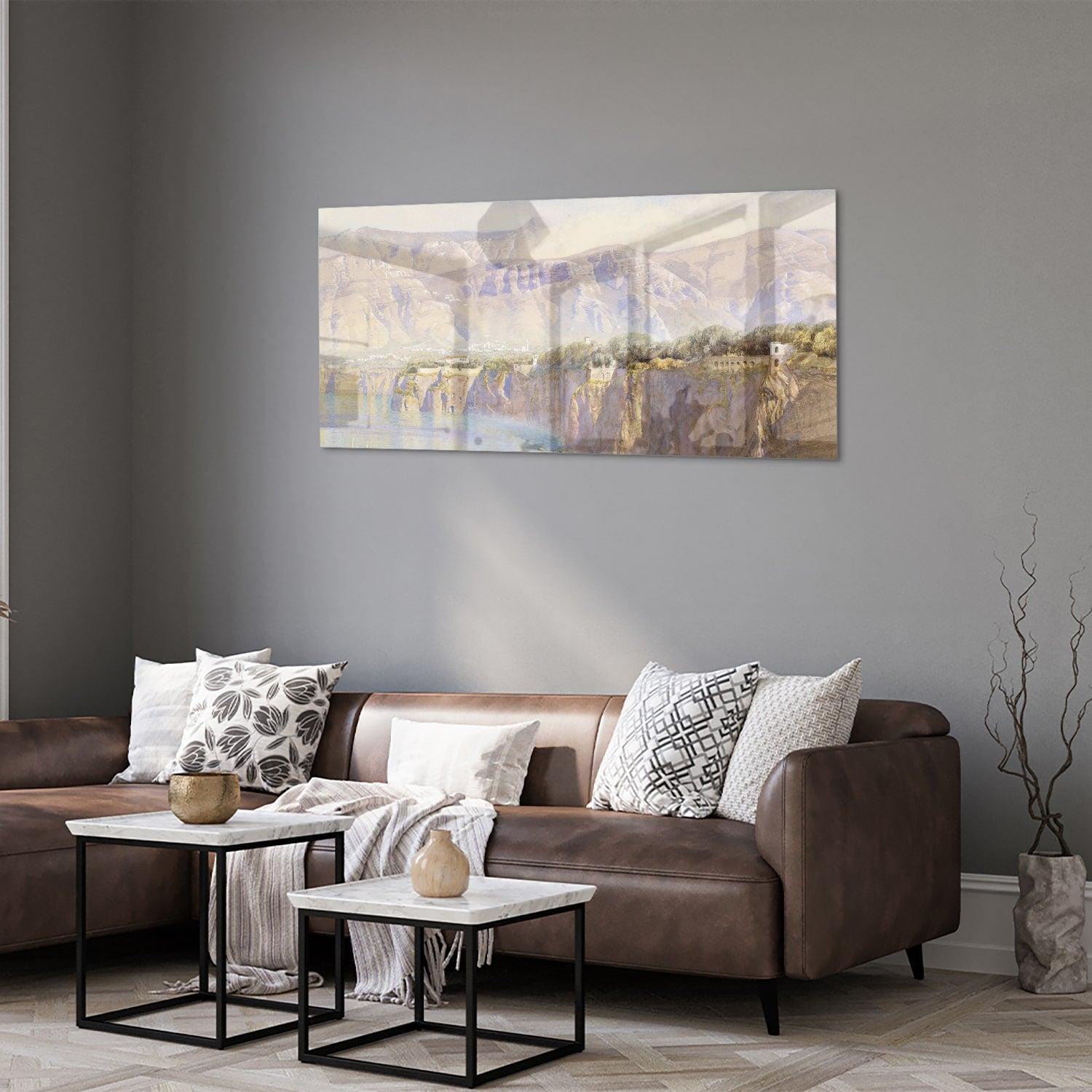 Träumerisches Glasbild mit Berglandschaft – Glasbild aus Sicherheitsglas, Größe 40x40_rond