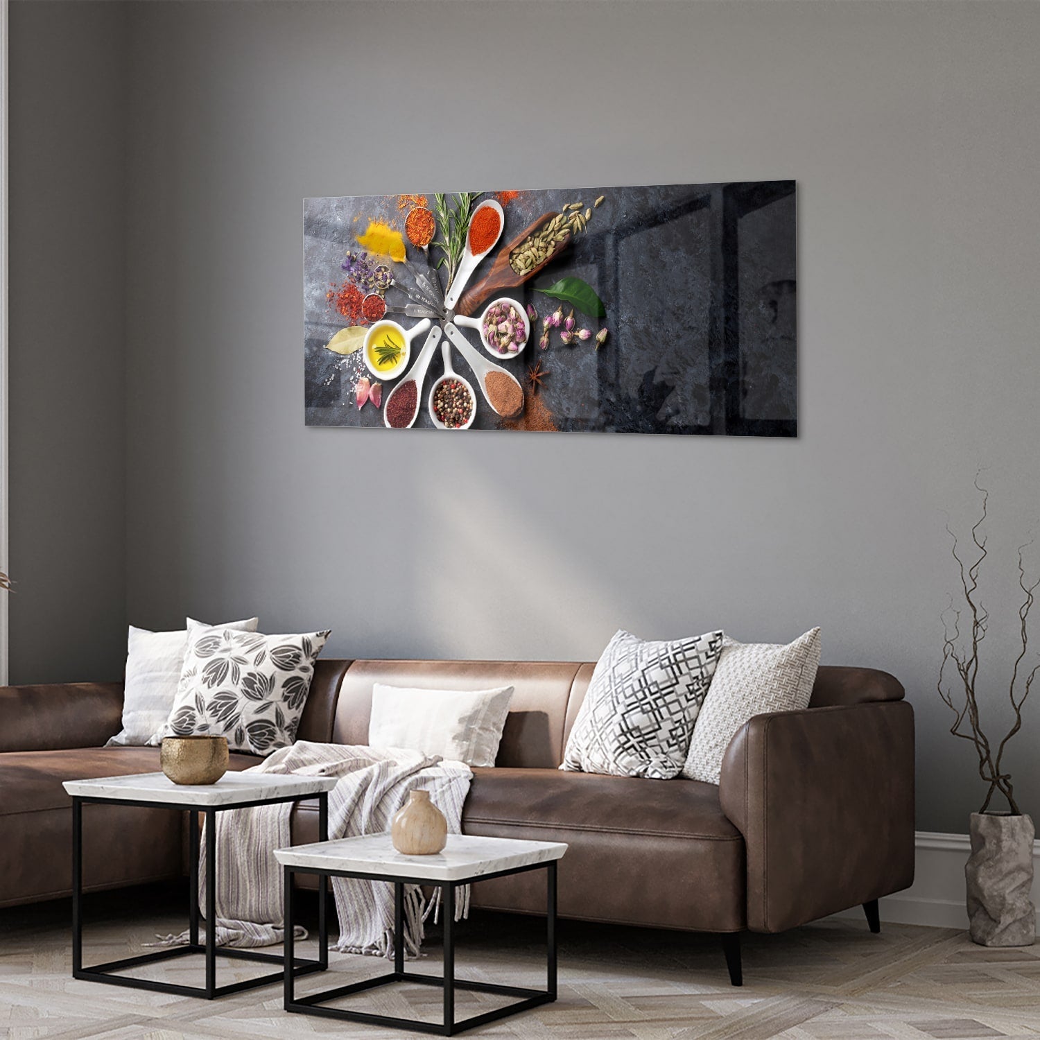 Glasbild mit farbenfrohen Gewürzen – Glasbild aus Sicherheitsglas, Größe 40x40_rond