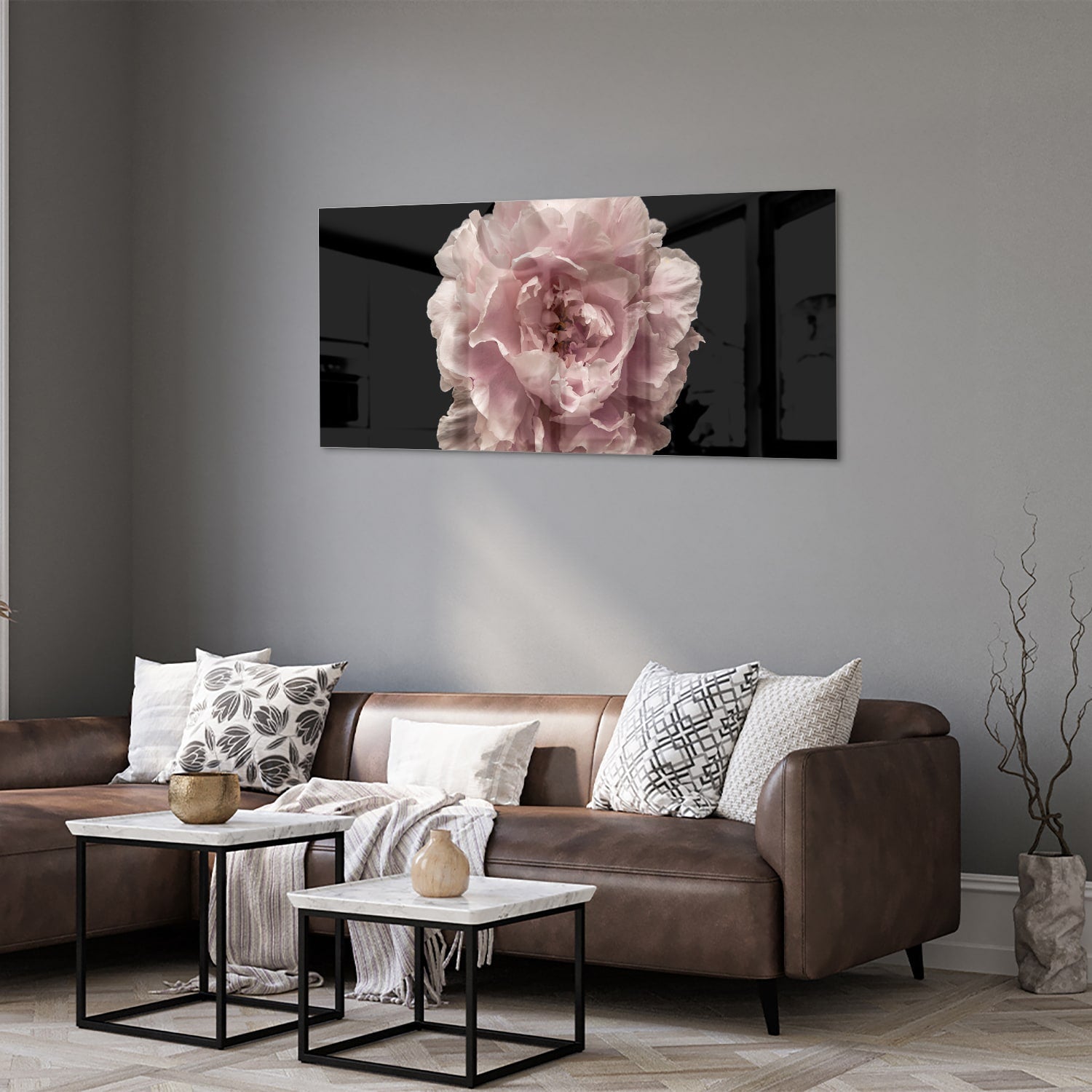 Elegantes Glasbild mit Rosenblüte auf schwarzem Hintergrund – perfekt für Ihr Interieur – Glasbild aus Sicherheitsglas, Größe 40x40_rond