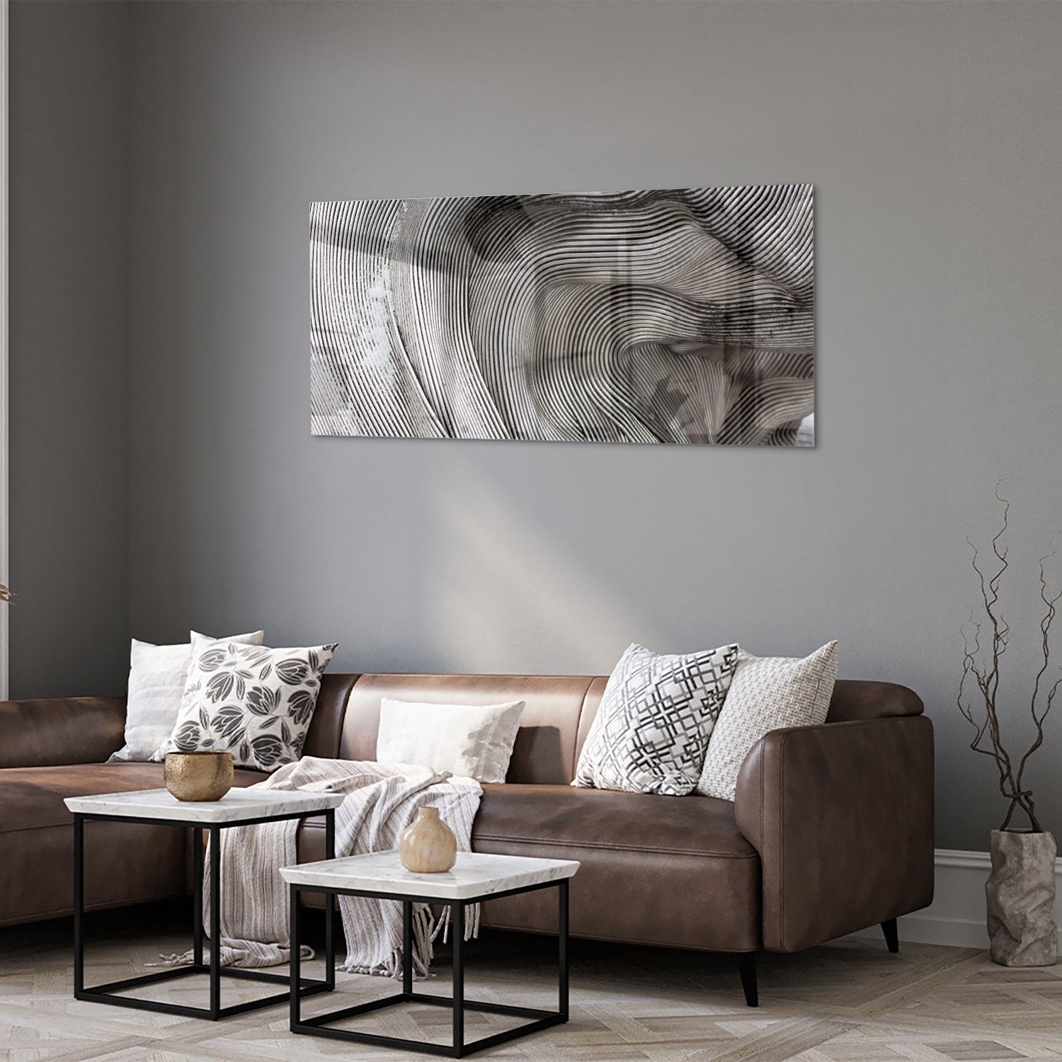 Abstraktes Glasbild mit wellenförmigen Linien – Glasbild aus Sicherheitsglas, Größe 40x40_rond