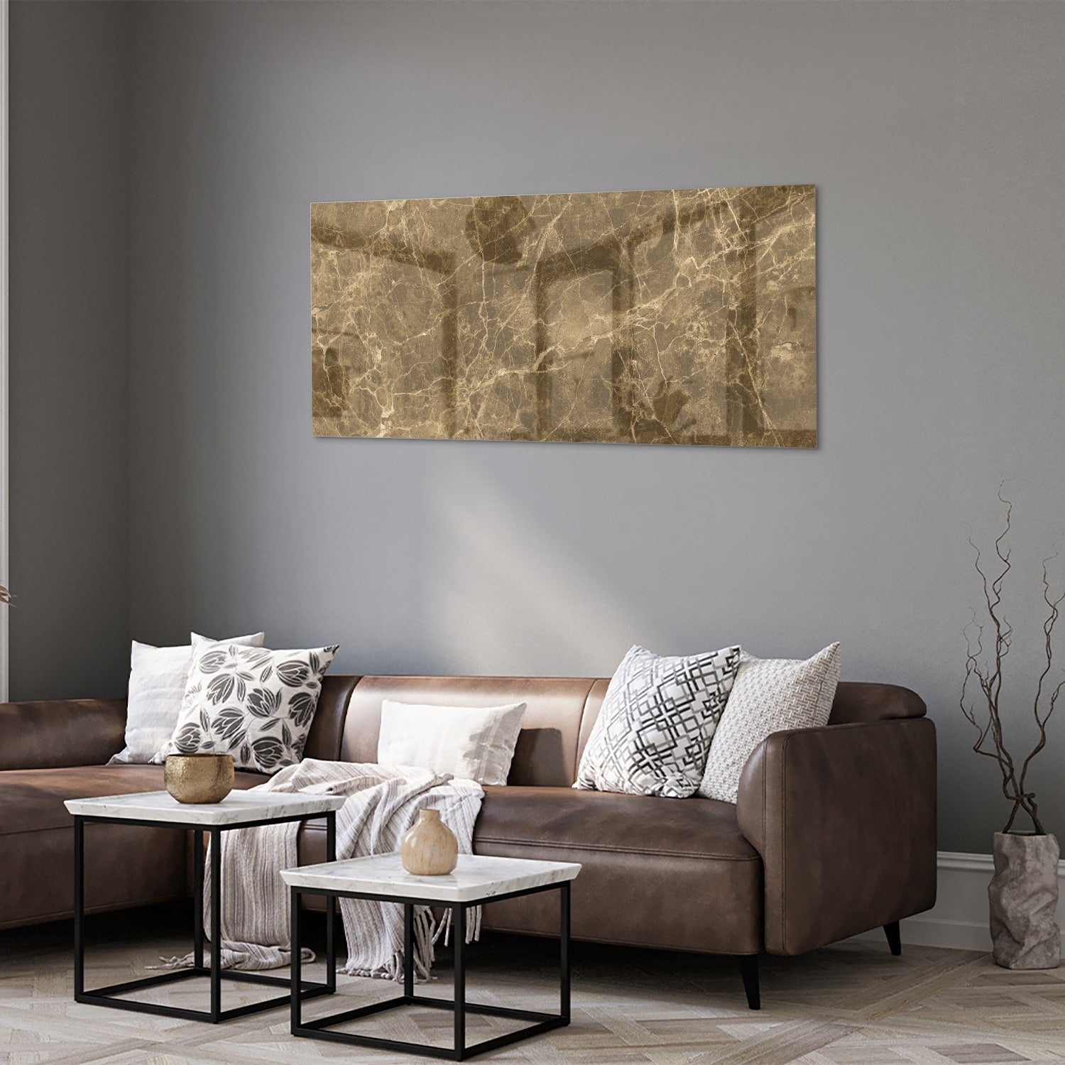 Goldfarbenes Glasbild mit Marmoreffekt – Glasbild aus Sicherheitsglas, Größe 40x40_rond