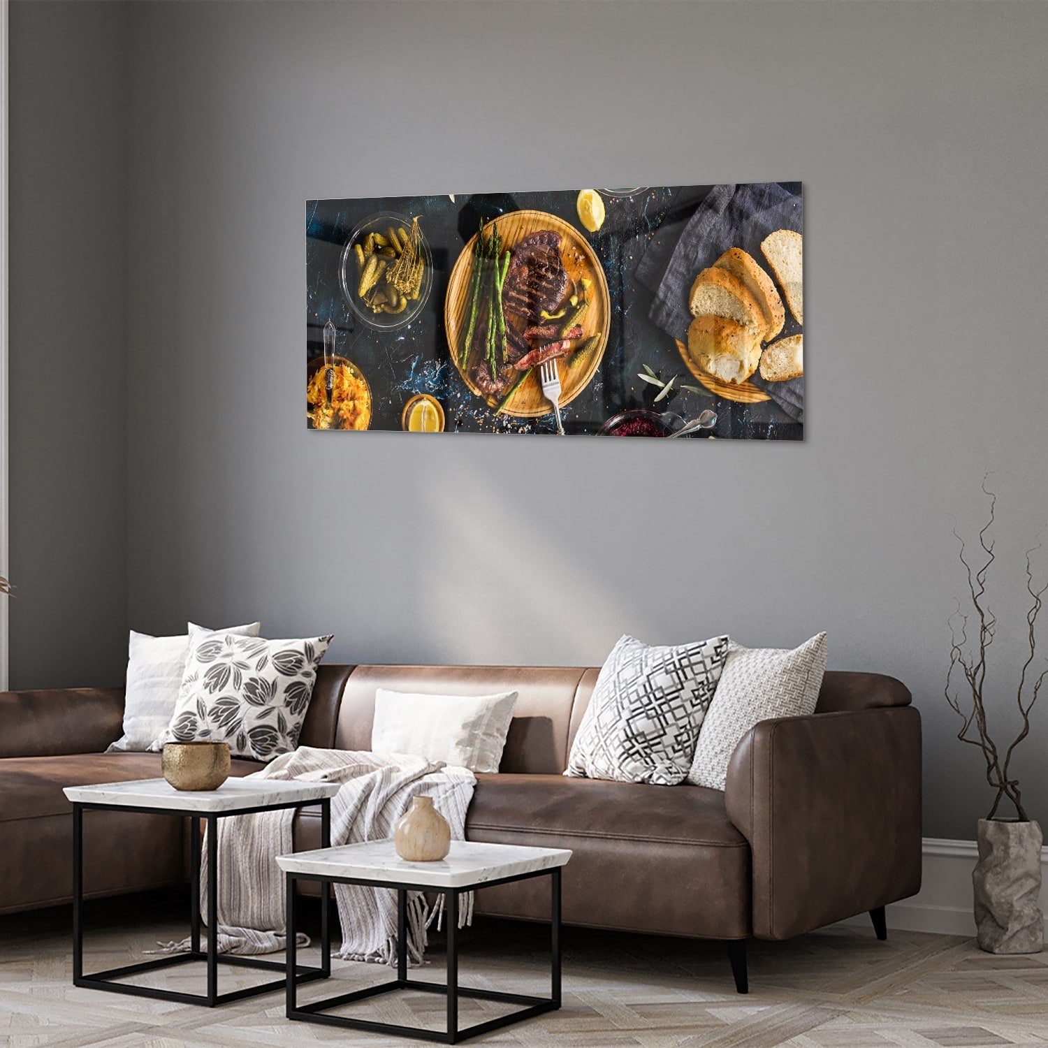 Kulinarisches Glasbild mit verführerischen Speisen – Glasbild aus Sicherheitsglas, Größe 40x40_rond