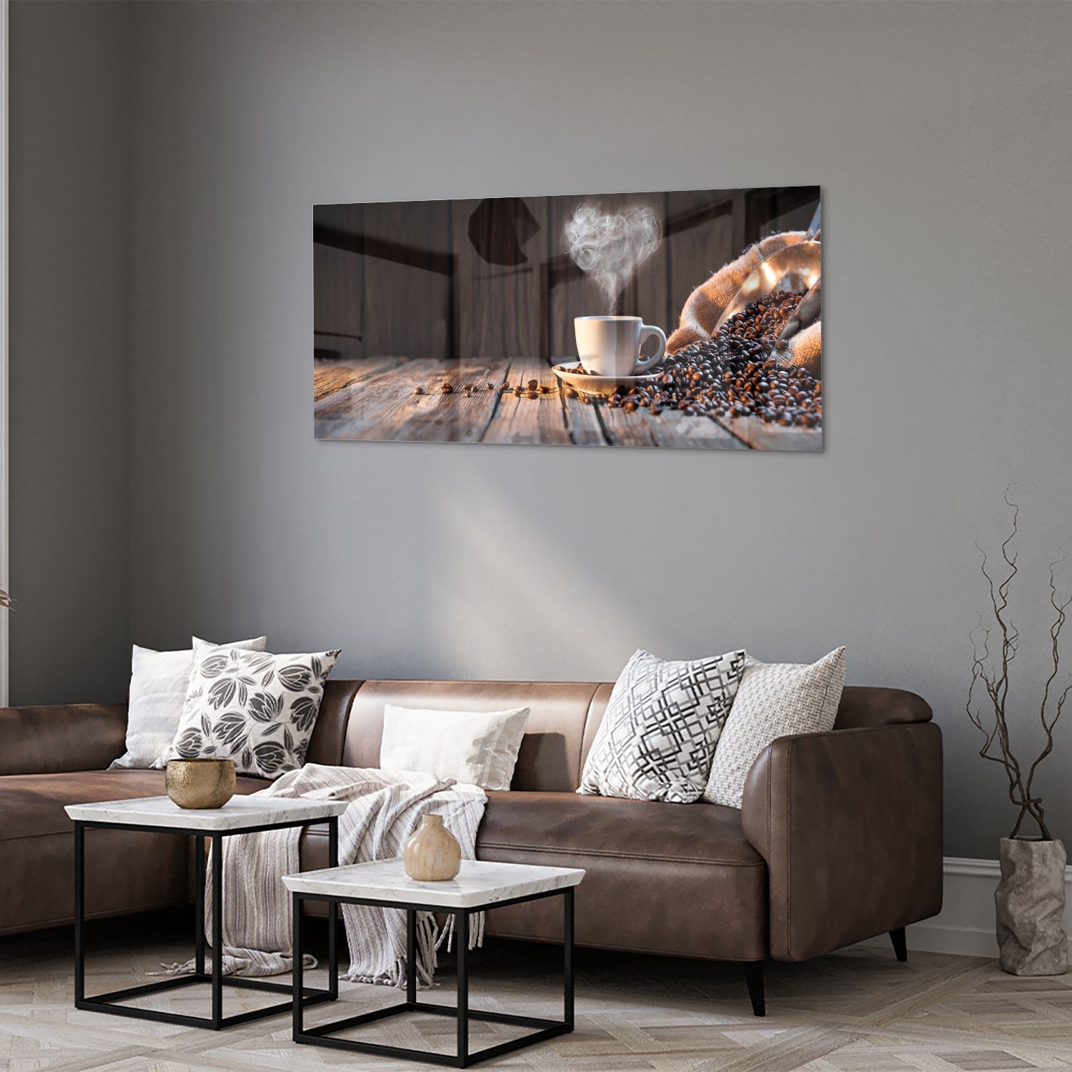 Stilvolles Glasbild mit Kaffee und Kaffeebohnen – Glasbild aus Sicherheitsglas, Größe 40x40_rond
