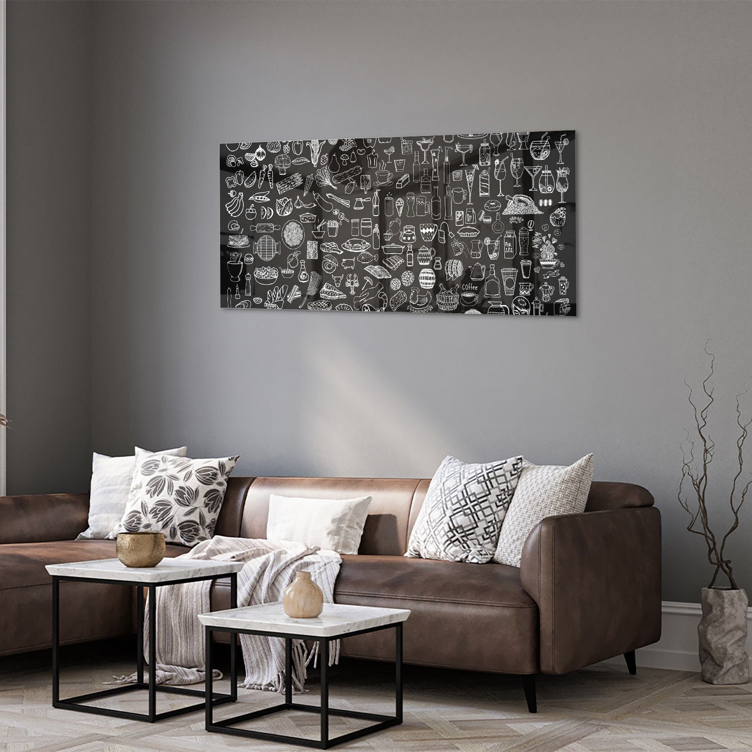 Abstraktes Schwarz-Weiß-Glasbild mit fröhlichen Illustrationen – Glasbild aus Sicherheitsglas, Größe 40x40_rond