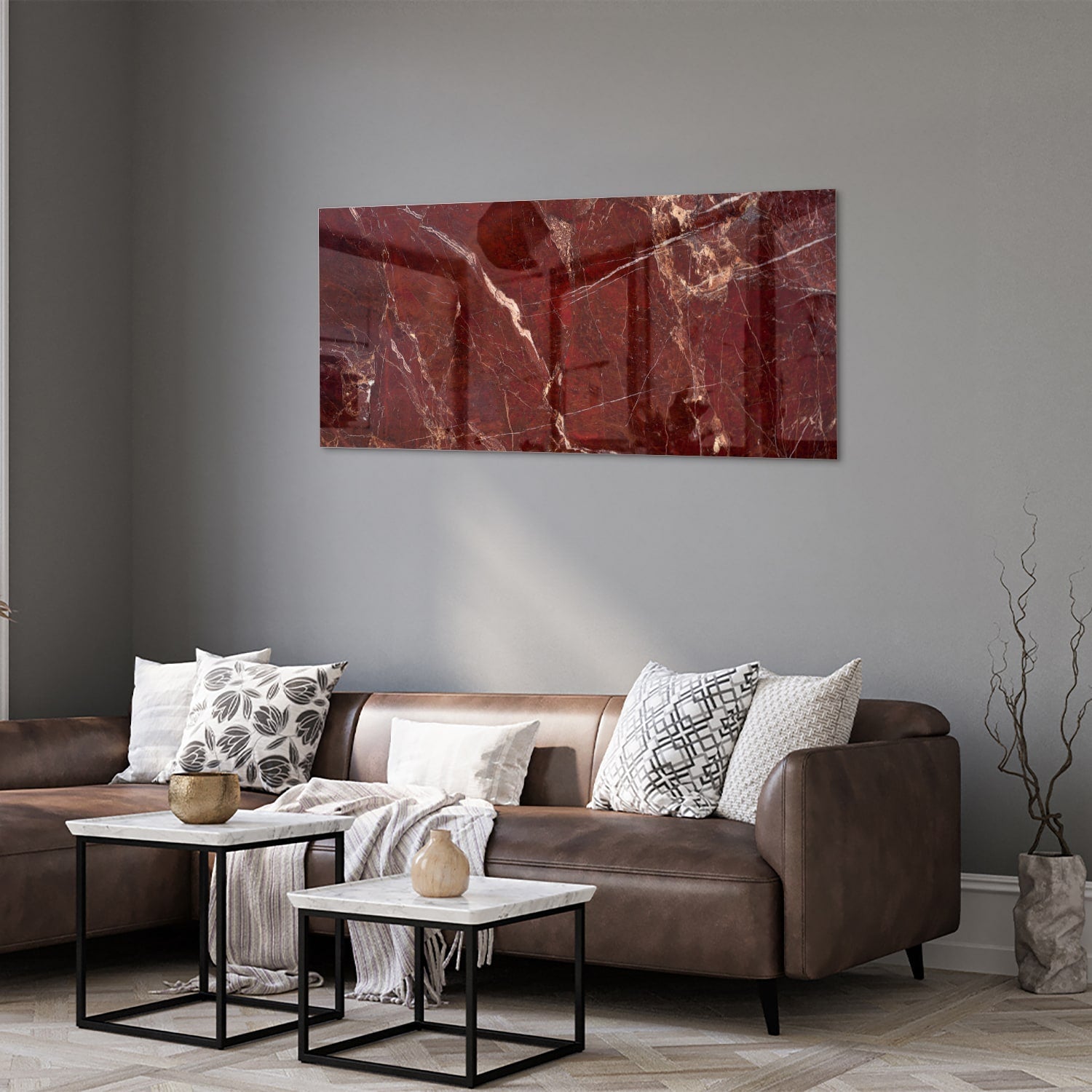 Rotes Glasbild mit Marmoroptik – Glasbild aus Sicherheitsglas, Größe 40x40_rond