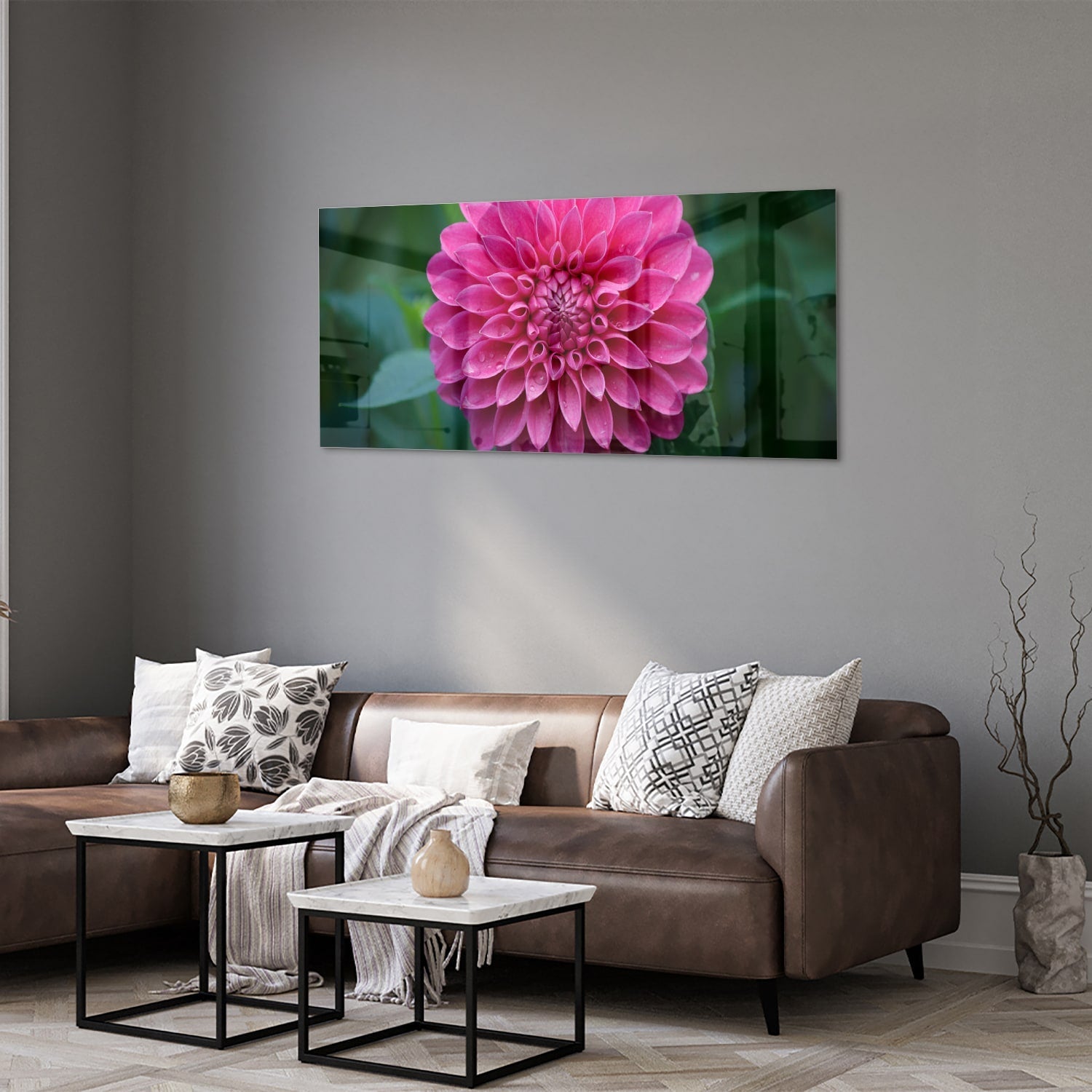 Wunderschönes Glasbild mit rosa Blume – Glasbild aus Sicherheitsglas, Größe 40x40_rond