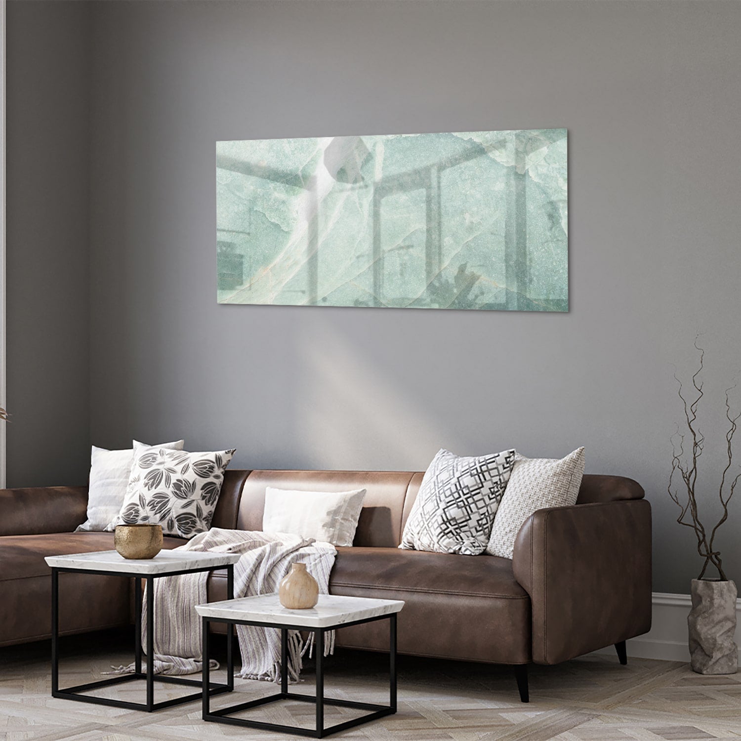Abstraktes grünes Glasbild für moderne Innenräume – Glasbild aus Sicherheitsglas, Größe 40x40_rond