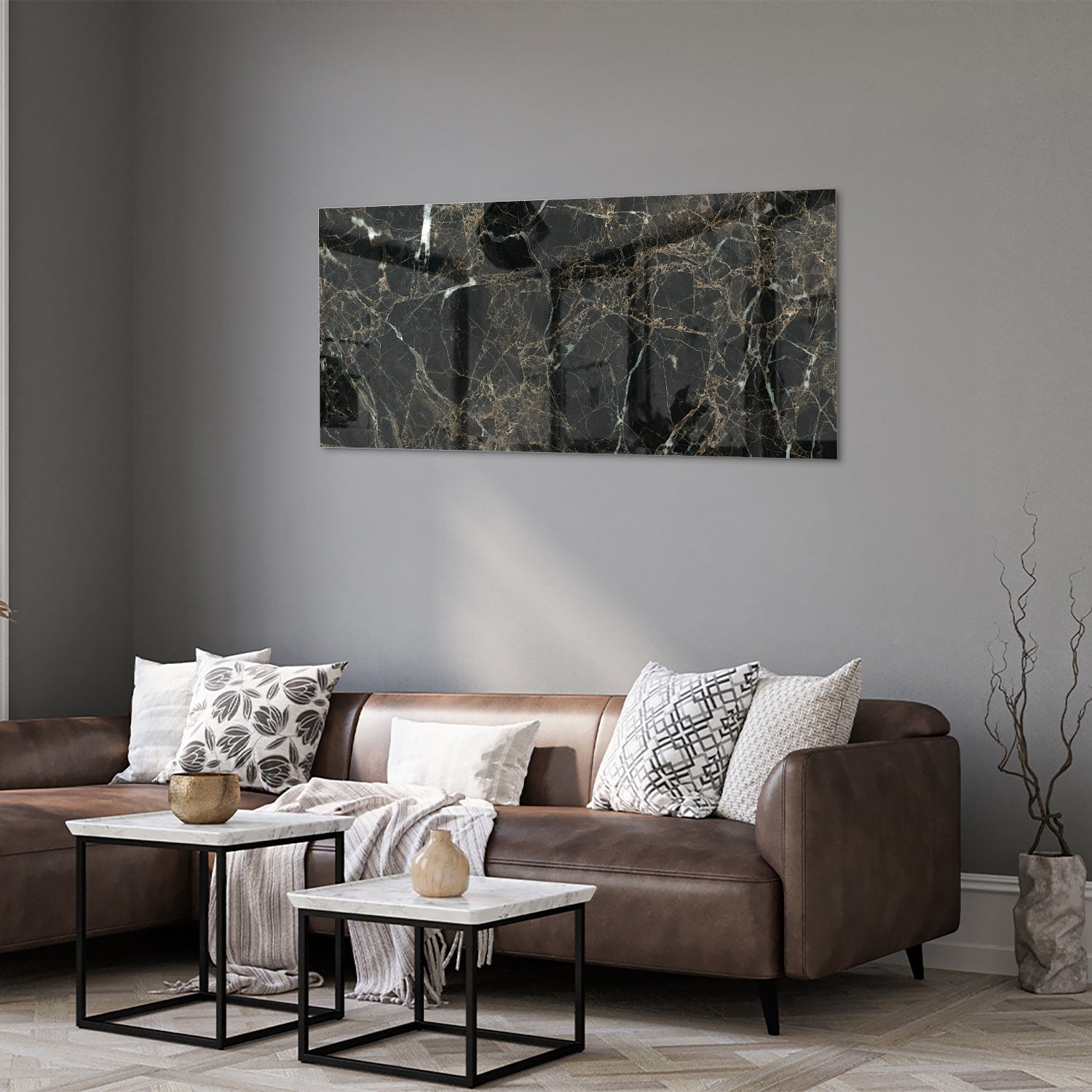 Elegantes schwarzes Marmor-Glasbild für luxuriöses Interieur – Glasbild aus Sicherheitsglas, Größe 40x40_rond