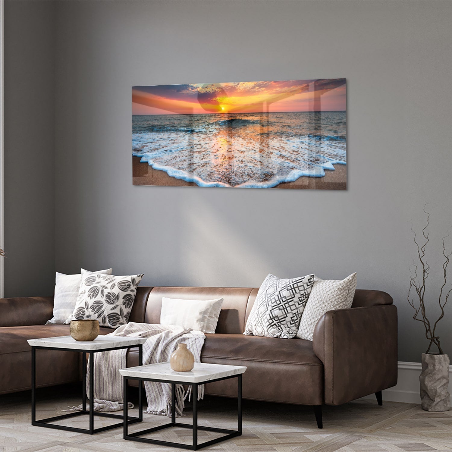 Glasbild – Sonnenuntergang am Strand – Glasbild aus Sicherheitsglas, Größe 40x40_rond