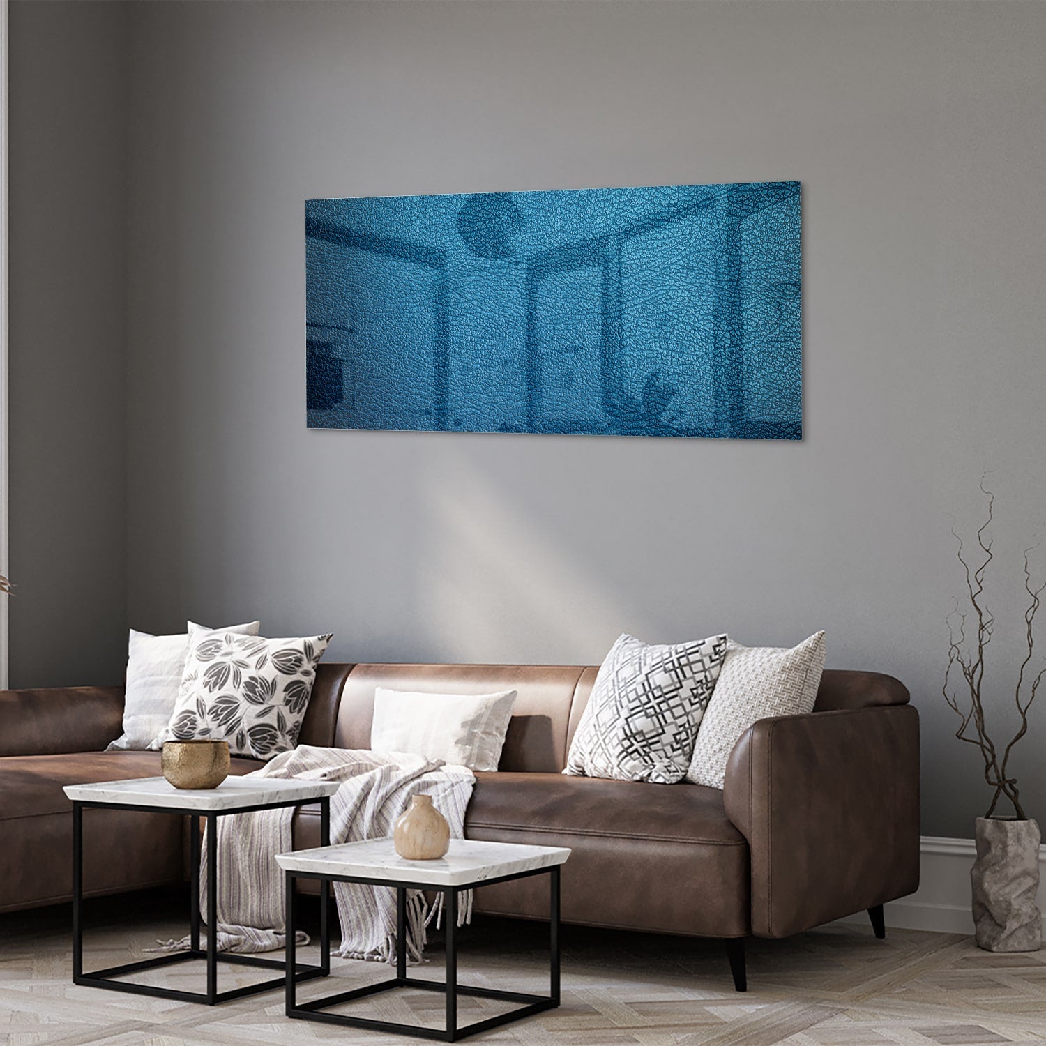 Blaues Glasbild mit Reflexionseffekt – Glasbild aus Sicherheitsglas, Größe 40x40_rond