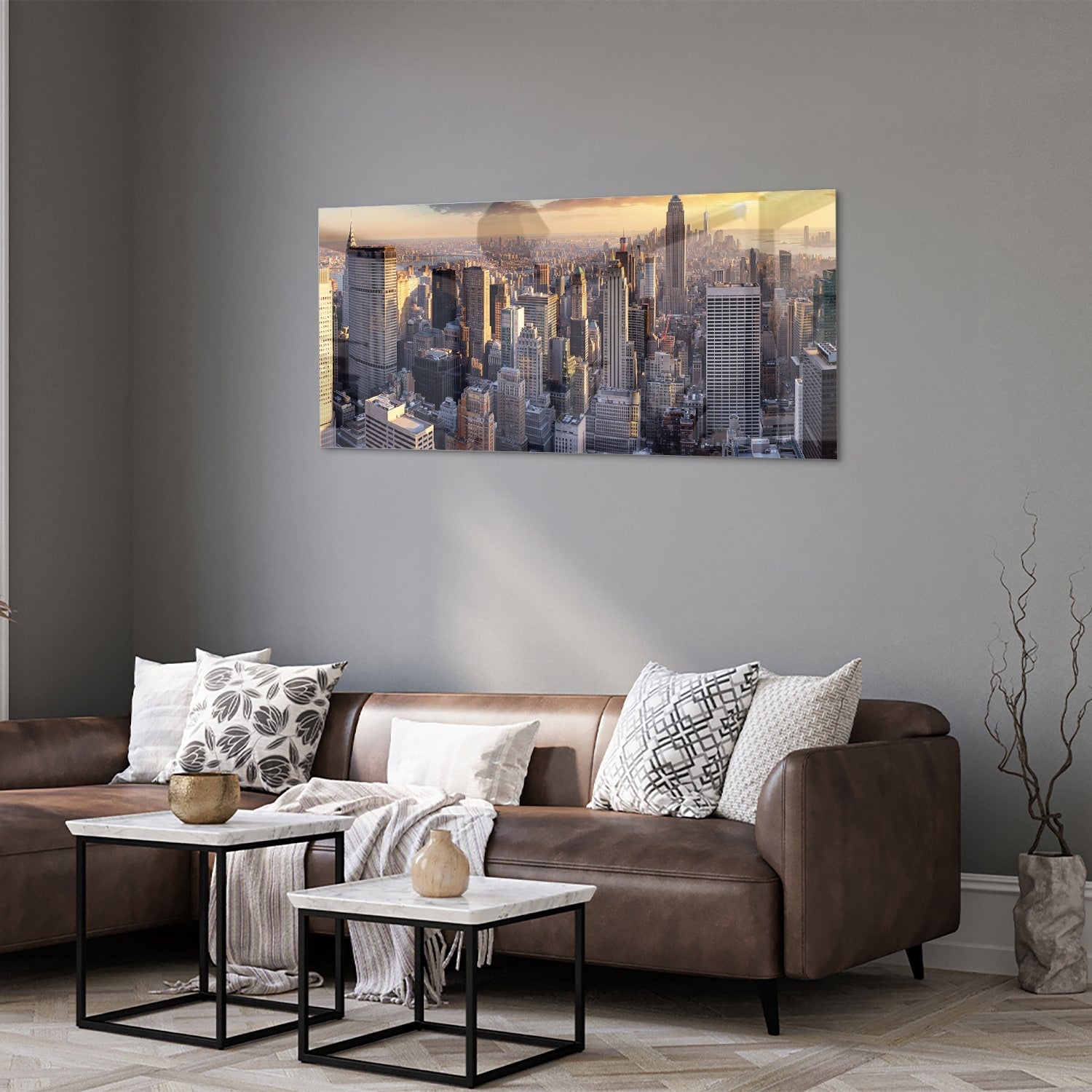 Glasbild mit atemberaubender Aussicht auf New York bei Sonnenuntergang – Glasbild aus Sicherheitsglas, Größe 40x40_rond