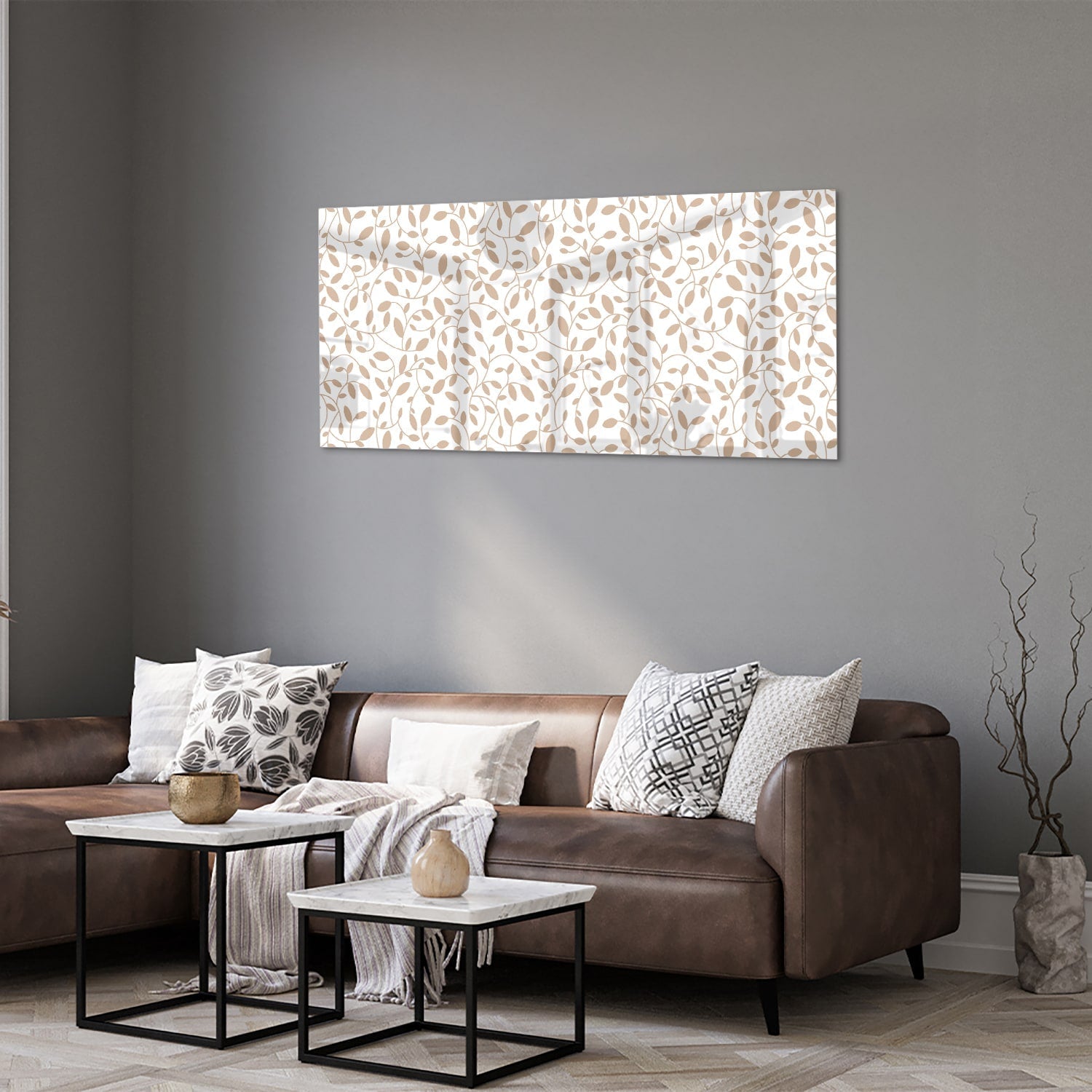 Elegantes Glasbild mit Blattmuster – Glasbild aus Sicherheitsglas, Größe 40x40_rond