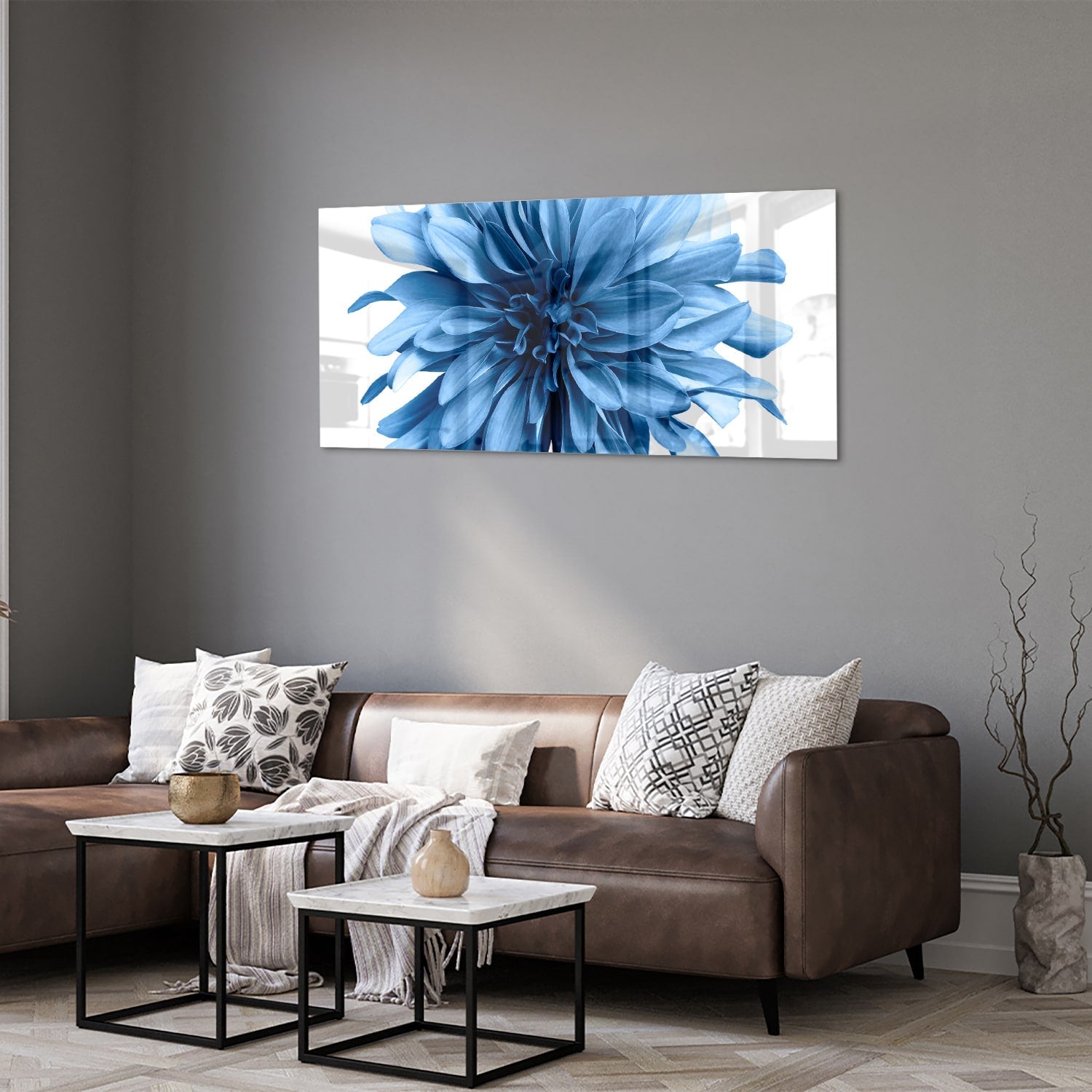 Blaues Glasbild mit einer Blume – Glasbild aus Sicherheitsglas, Größe 40x40_rond