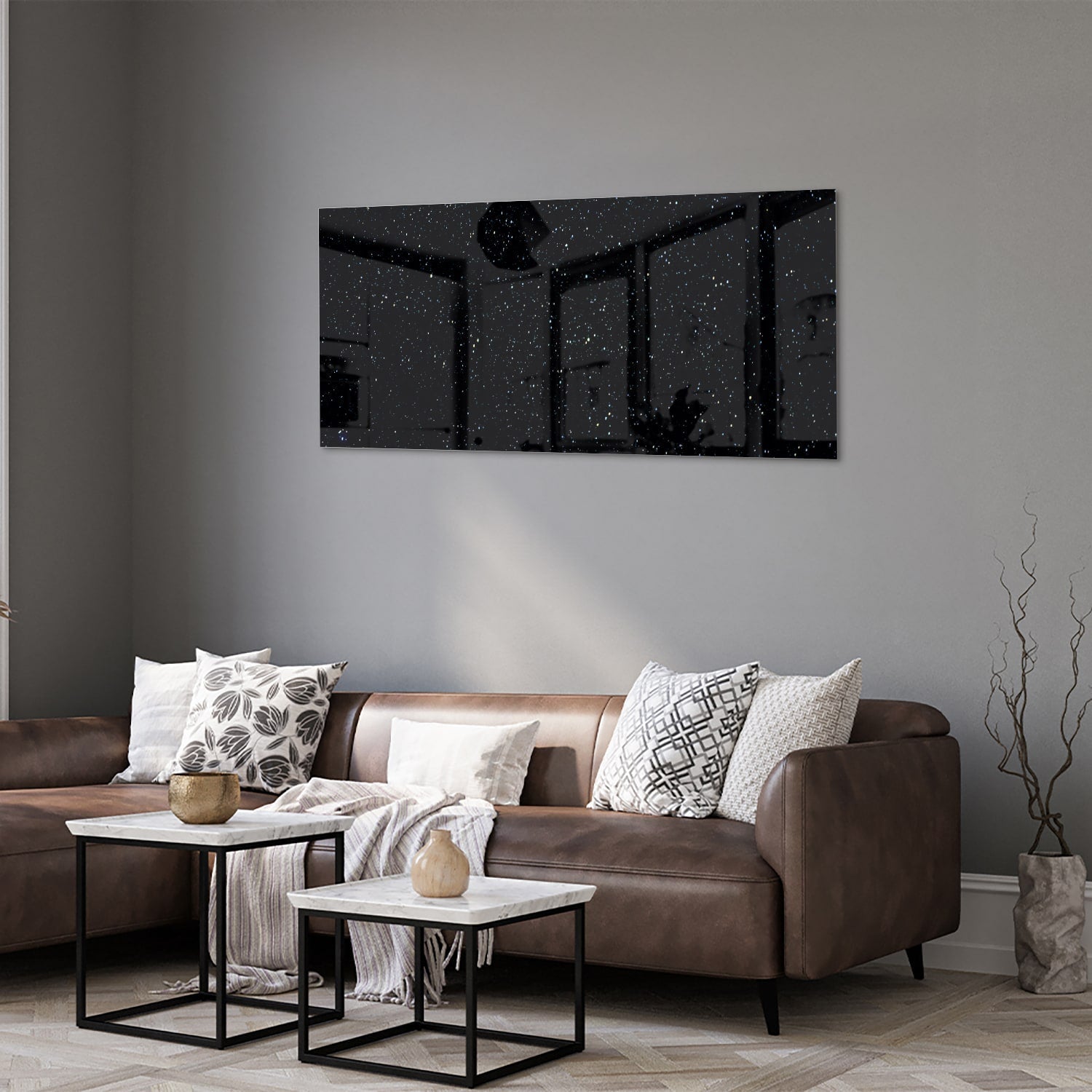Glasbild mit Sternen auf schwarzem Hintergrund – Glasbild aus Sicherheitsglas, Größe 40x40_rond