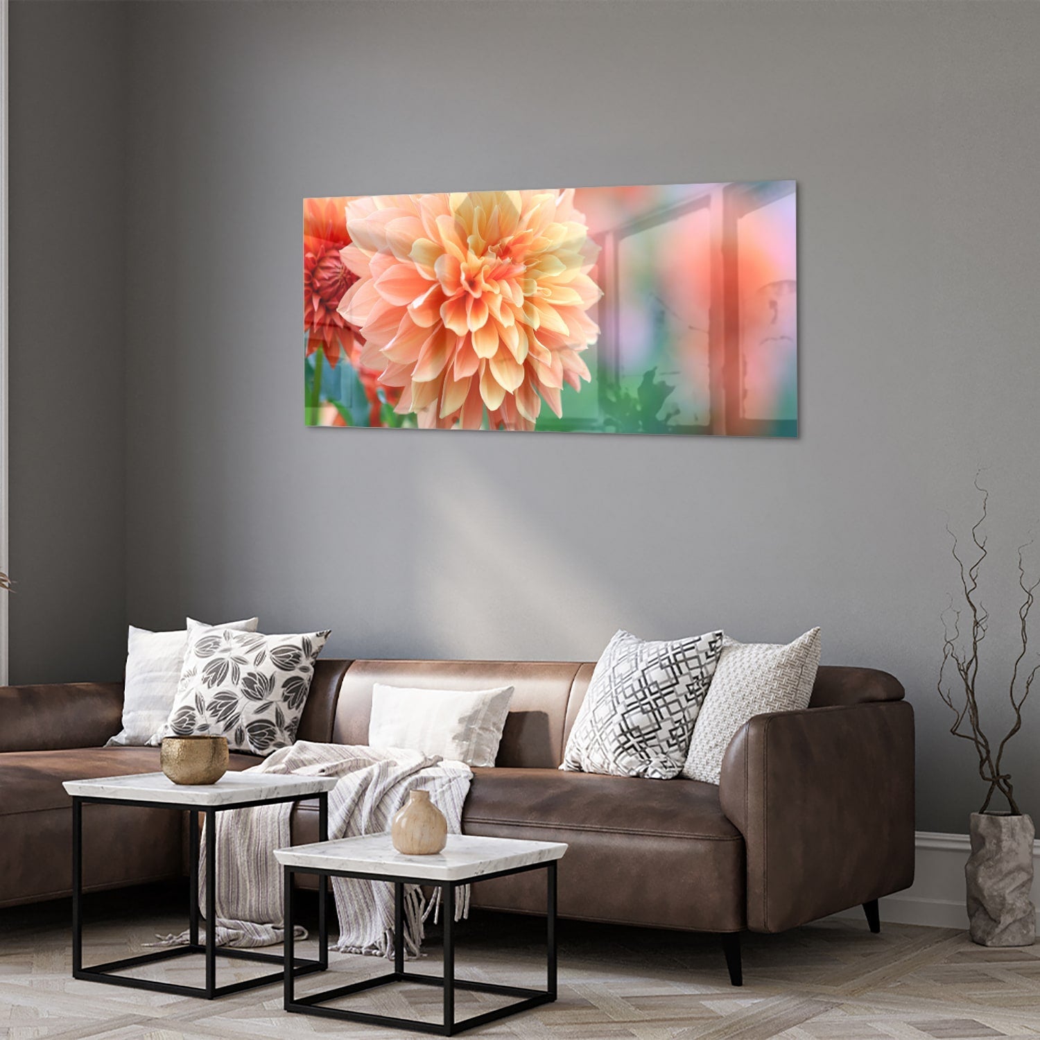Glasbild mit Pastellrosa Dahlie – Glasbild aus Sicherheitsglas, Größe 40x40_rond