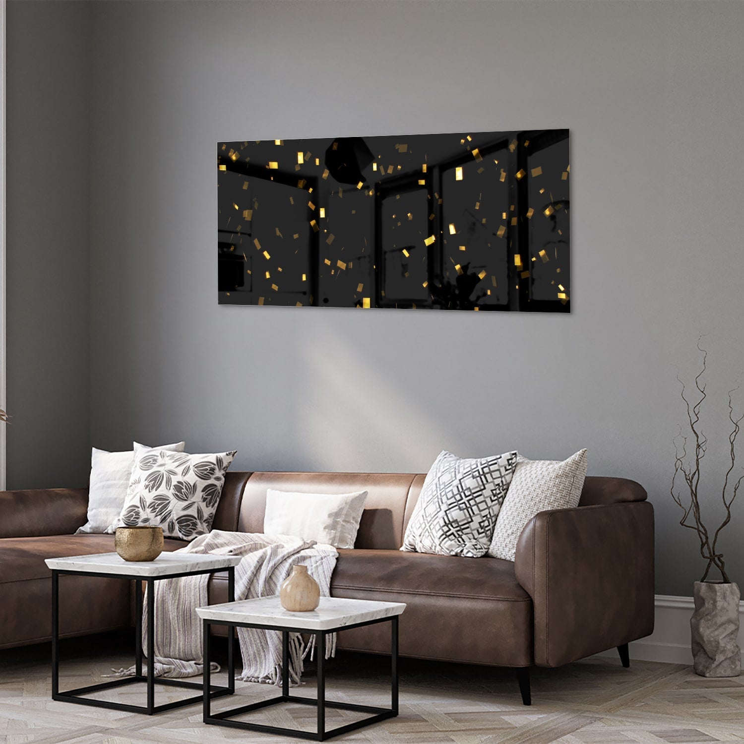 Schwarzes Glasbild mit goldenem Konfetti – Glasbild aus Sicherheitsglas, Größe 40x40_rond