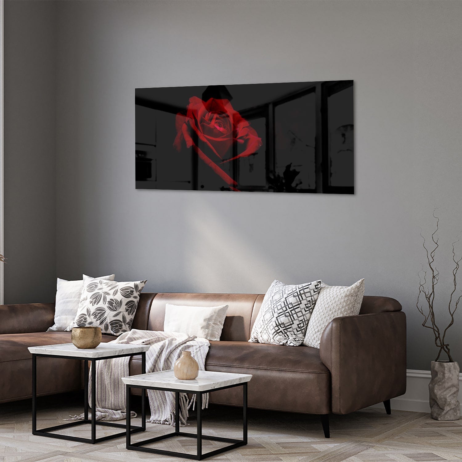 Elegantes Glasbild mit roter Rose auf schwarzem Hintergrund – Glasbild aus Sicherheitsglas, Größe 40x40_rond