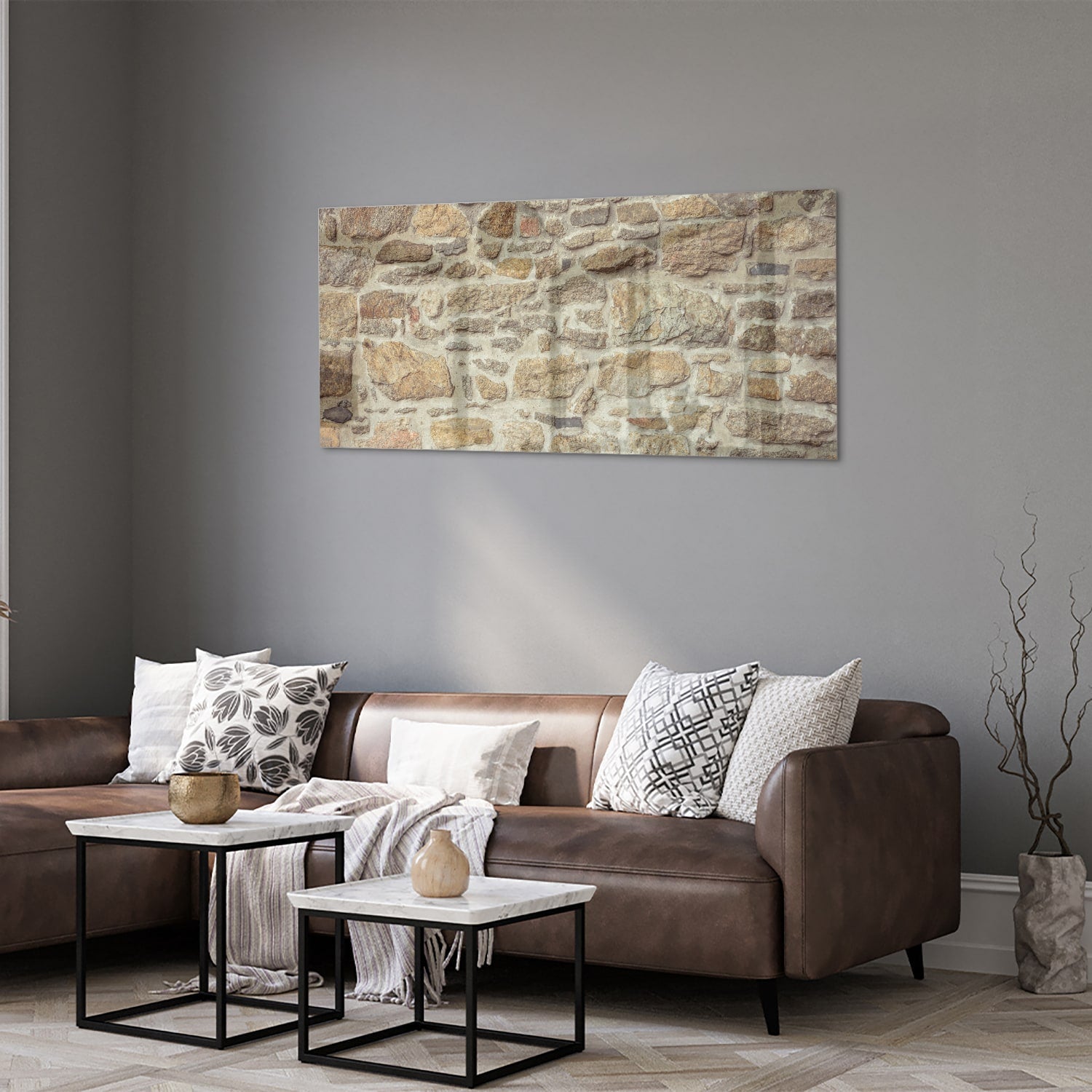 Glasbild mit rustikaler Steinwand – Glasbild aus Sicherheitsglas, Größe 40x40_rond