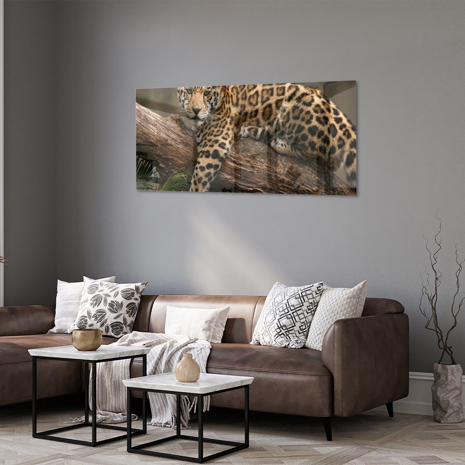 Glasbild mit einem majestätischen Jaguar – Glasbild aus Sicherheitsglas, Größe 40x40_rond