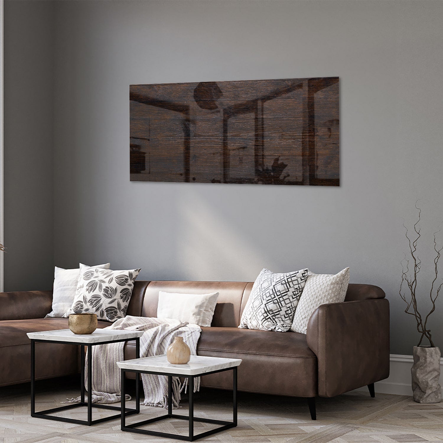 Modernes Glasbild mit warmen Holztönen – Glasbild aus Sicherheitsglas, Größe 40x40_rond