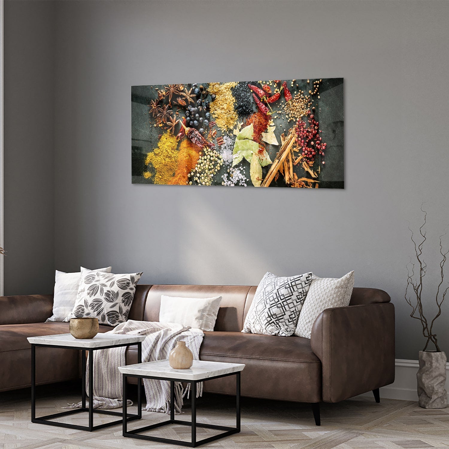 Farbenfrohes Glasbild mit Gewürzen und Blättern – Glasbild aus Sicherheitsglas, Größe 40x40_rond