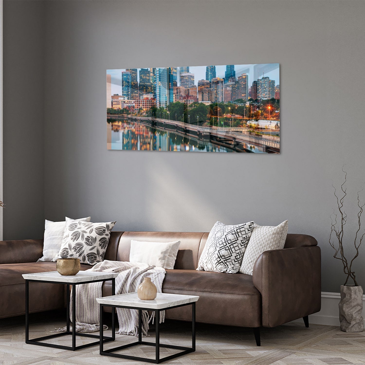 Modernes Glasbild mit Stadtansicht – Glasbild aus Sicherheitsglas, Größe 40x40_rond
