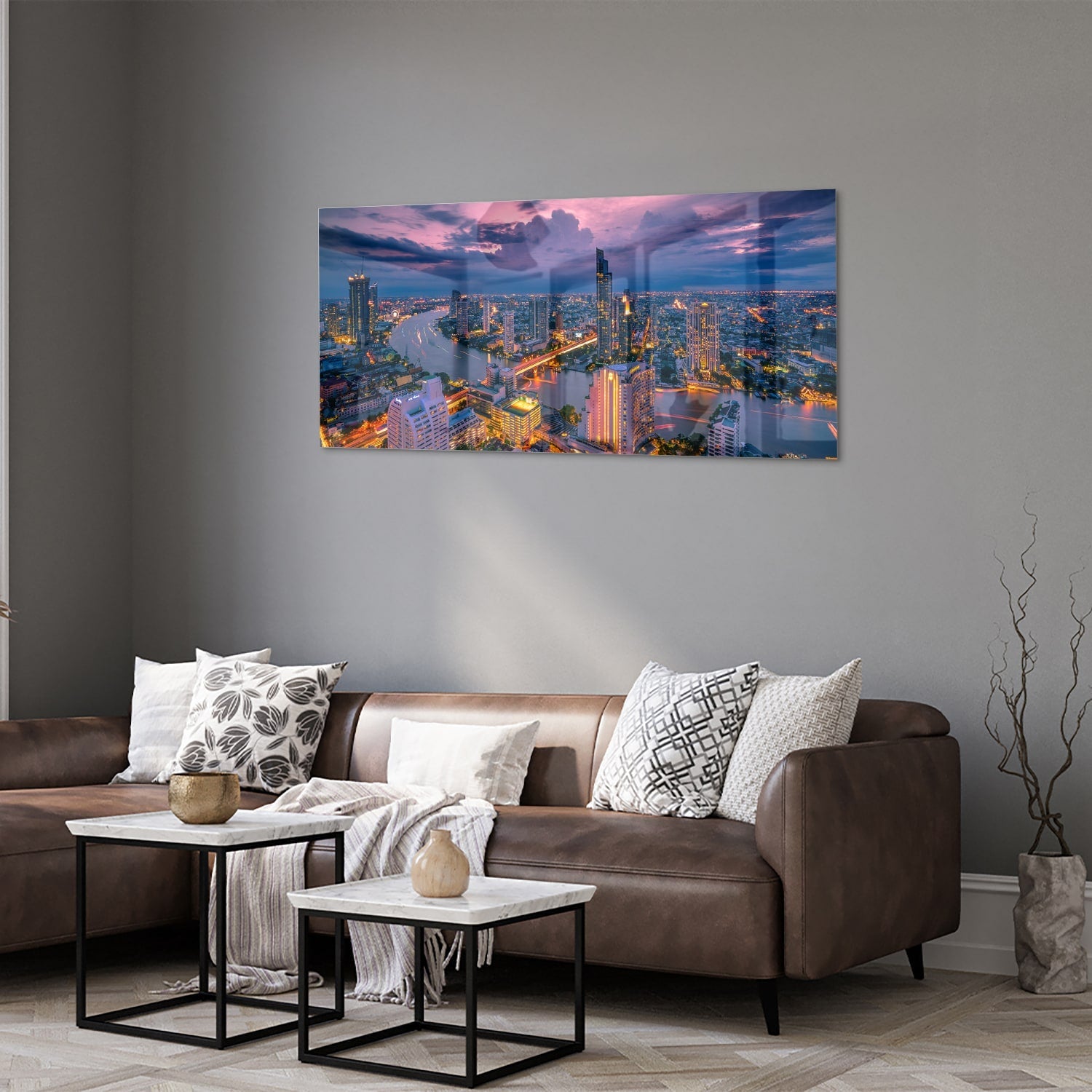 Glasbild mit Stadtblick im Abendlicht – Glasbild aus Sicherheitsglas, Größe 40x40_rond