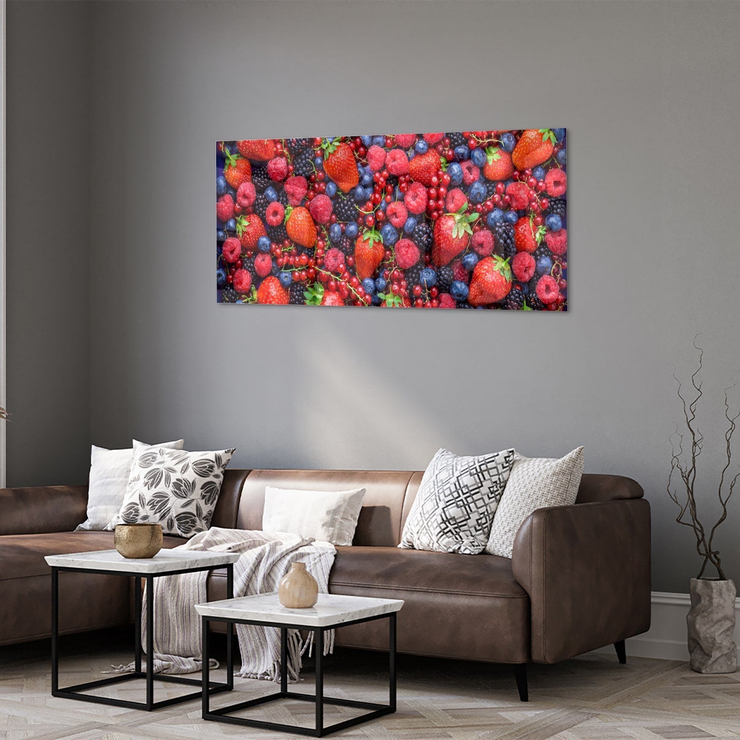 Farbenfrohes Glasbild mit Beeren und Früchten – Glasbild aus Sicherheitsglas, Größe 40x40_rond