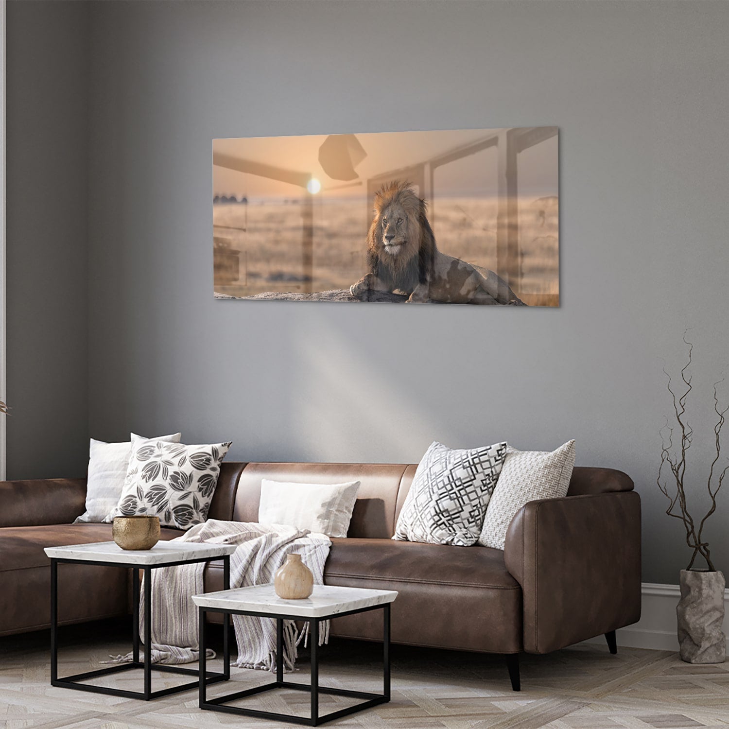 Glasbild – Majestätischer Löwe bei Sonnenuntergang – Glasbild aus Sicherheitsglas, Größe 40x40_rond