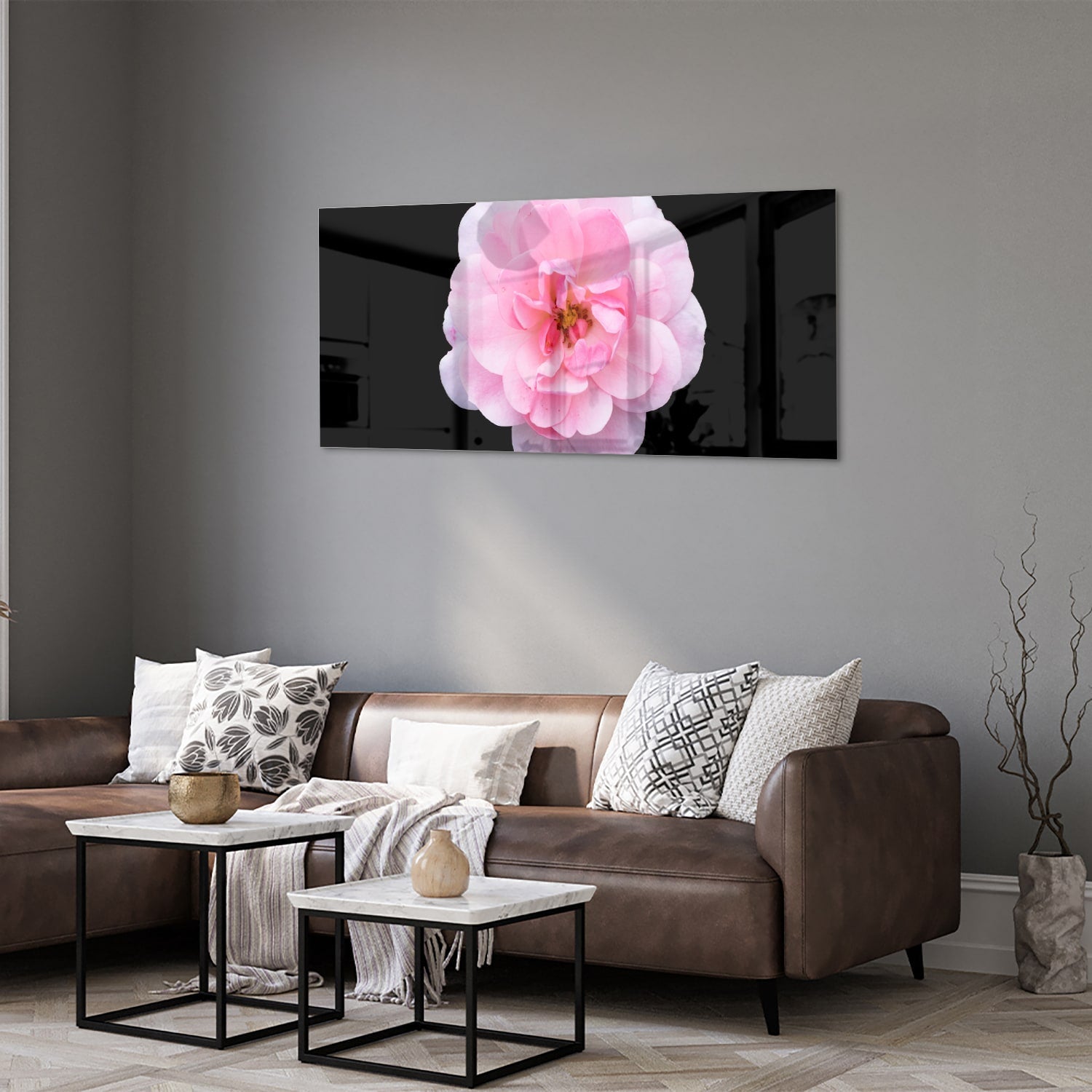 Elegantes Glasbild mit rosa Blume auf schwarzem Hintergrund – Glasbild aus Sicherheitsglas, Größe 40x40_rond