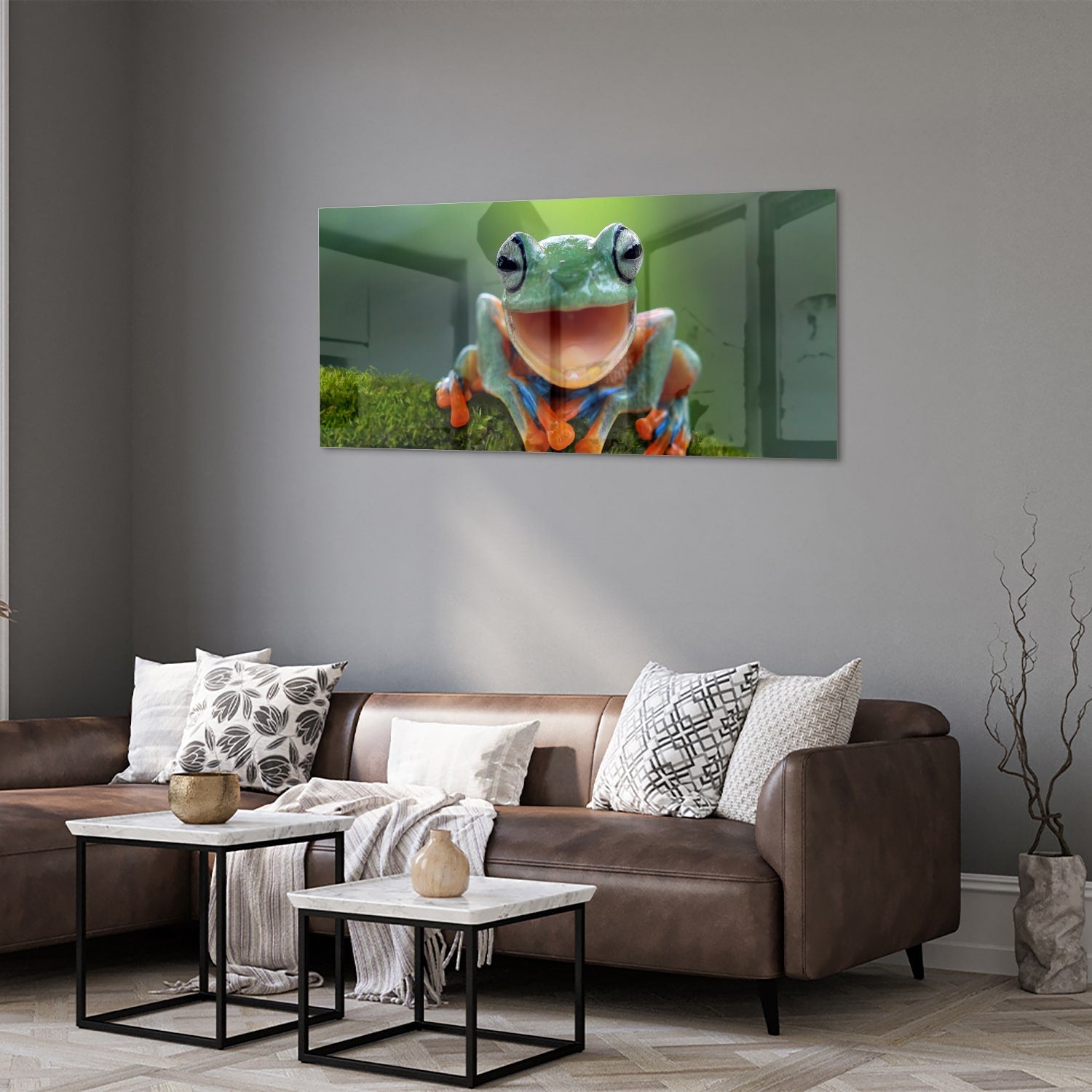 Fröhliches Glasbild mit Laubfrosch – Glasbild aus Sicherheitsglas, Größe 40x40_rond