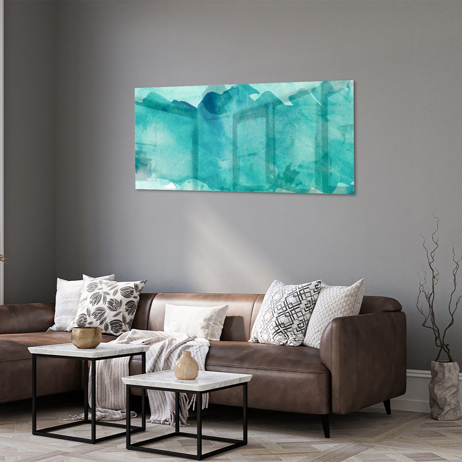 Abstraktes türkisfarbenes Glasbild für moderne Innenräume – Glasbild aus Sicherheitsglas, Größe 40x40_rond