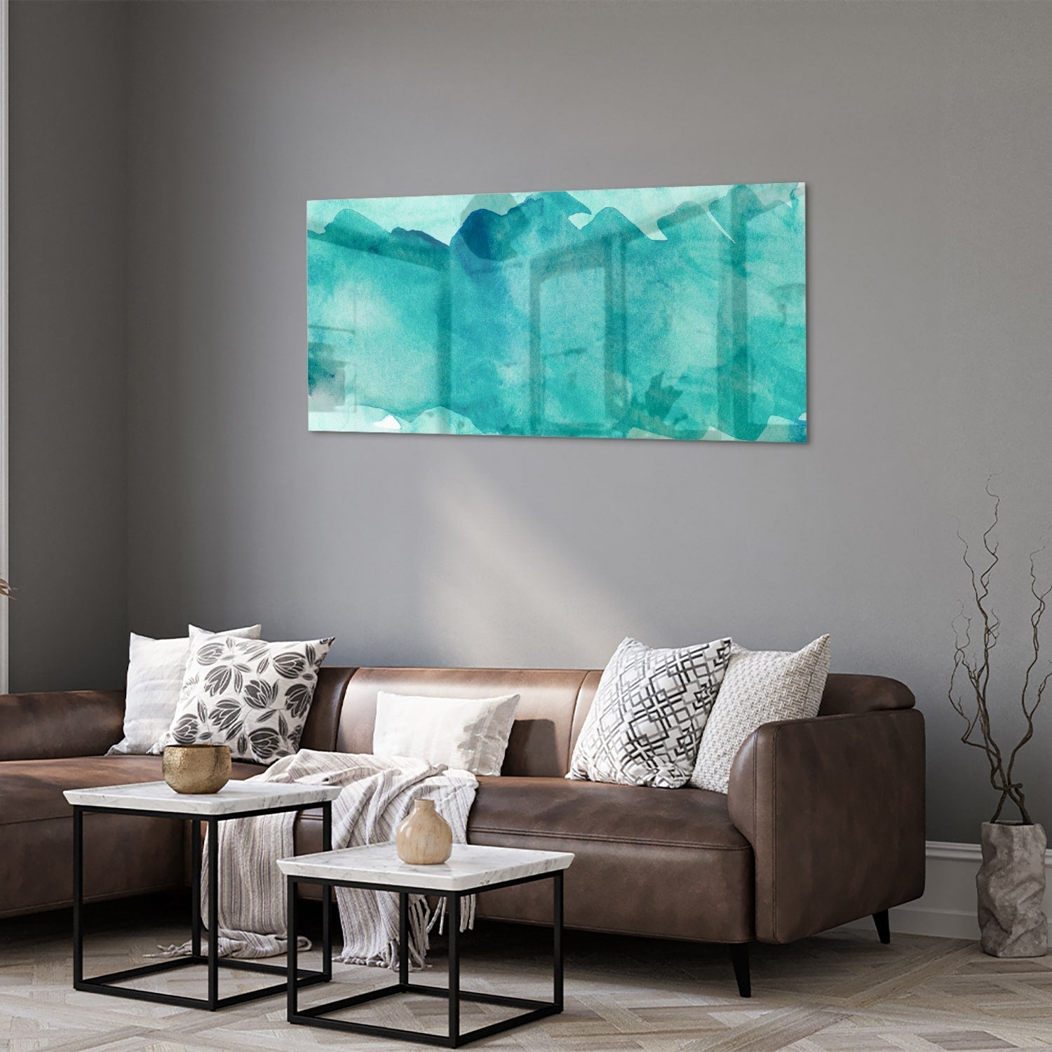 Abstraktes turquoise Glasbild für modernes Interieurs als moderne Glas-Wanddekoration aus 4 mm Sicherheitsglas