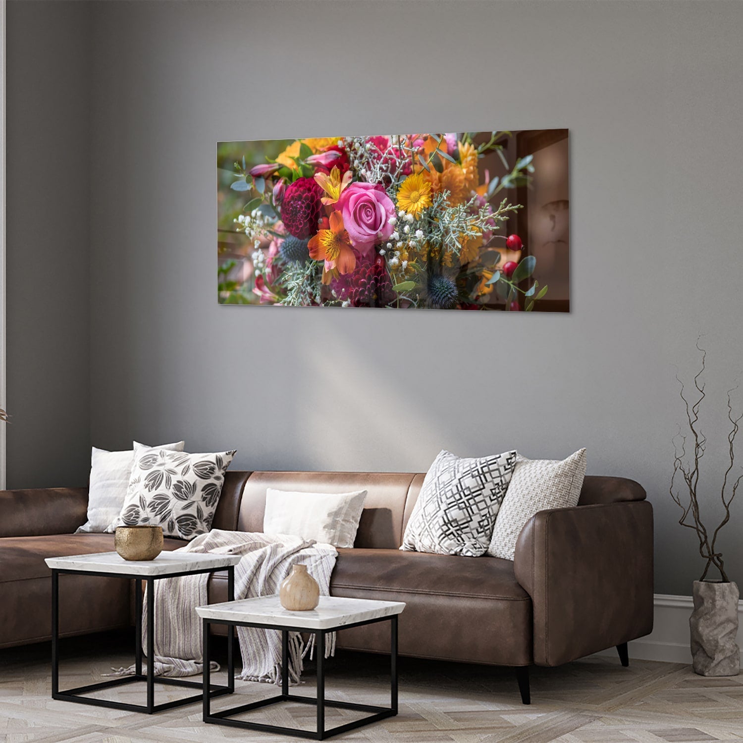 Farbenfrohes Glasbild mit einem Blumenstrauß – Glasbild aus Sicherheitsglas, Größe 40x40_rond