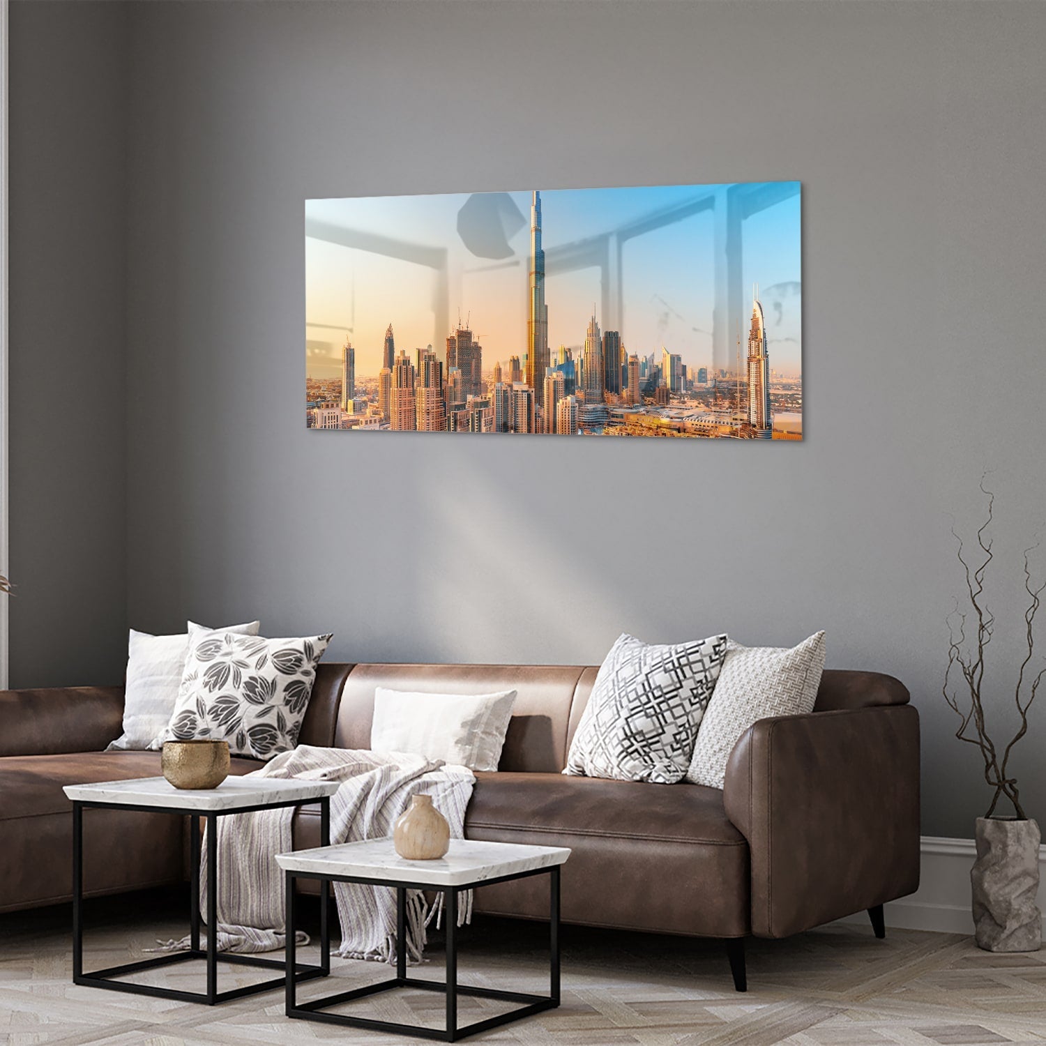 Modernes Glasbild mit Skyline Dubai – Glasbild aus Sicherheitsglas, Größe 40x40_rond