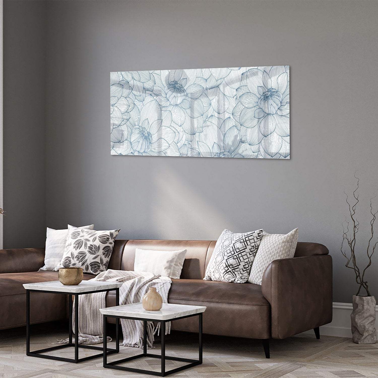 Elegantes Glasbild mit Blumendesign in Blau – Glasbild aus Sicherheitsglas, Größe 40x40_rond