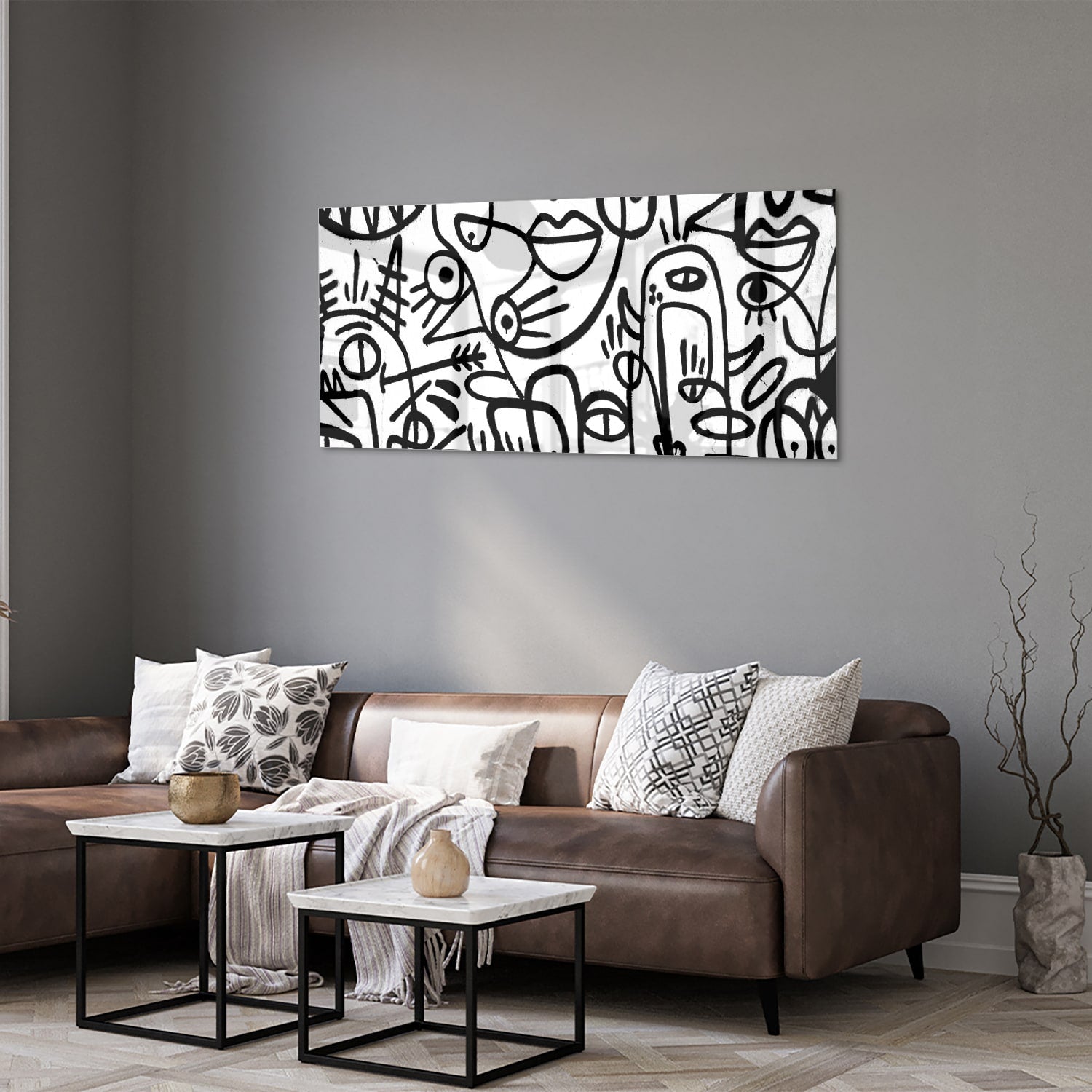 Abstraktes Schwarz-Weiß-Glasbild mit Formen – Glasbild aus Sicherheitsglas, Größe 40x40_rond